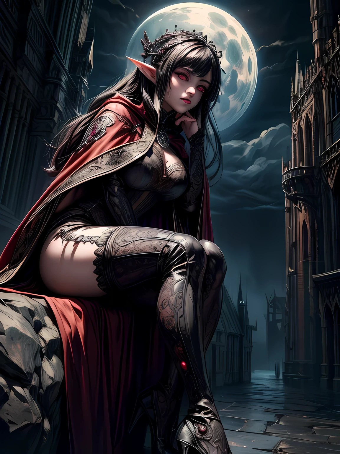 anime art, realistic gothic art, (masterpiece:1.5), full body best details, highly detailed, best quality, Glowing Purple, highres, full body portrait of a vampire, elf (Masterpiece, best quality: 1.6), ultra feminine, wizard, (intricate details, Masterpiece, best quality: 1.5) with a long curvy hair,  black hair hair, (red: 1.2) eyes, (fantasy art, Masterpiece, best quality), ((beautiful delicate face)), Ultra Detailed Face (intricate details, fantasy art, Masterpiece, best quality: 1.5), [[vampiric fangs 1.5]] (red cloak: 1.3) , flowing cloak (intricate details, fantasy art, Masterpiece, best quality: 1.3), wearing an intricate (blue:1.3) dress (intricate details, fantasy art, Masterpiece, best quality: 1.5), high heeled boots, urban background (intense details, beat details), fantasy, at night light, natural ,moon light, clouds, gothic atmosphere, soft light, dynamic light, [[anatomically correct]], high details, best quality, 8k, [ultra detailed], masterpiece, best quality, (extremely detailed), dynamic angle