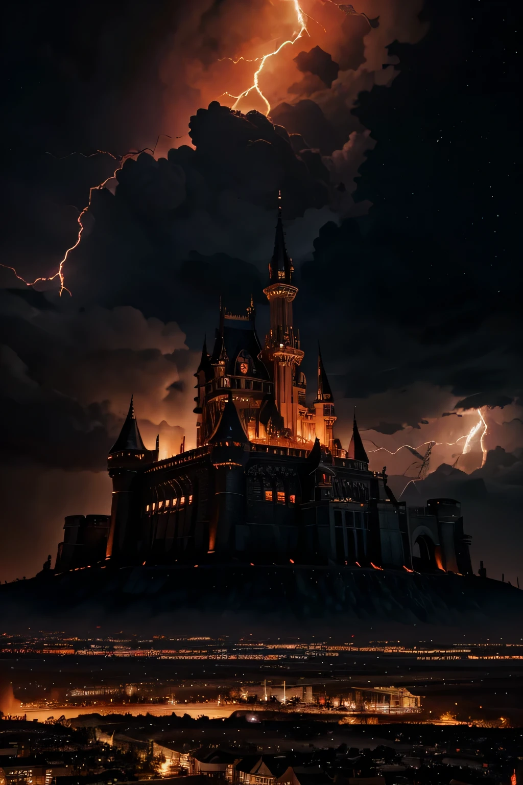 Demon lord's castle surrounded by fire, night sky, thunder storm in realistic anime style.