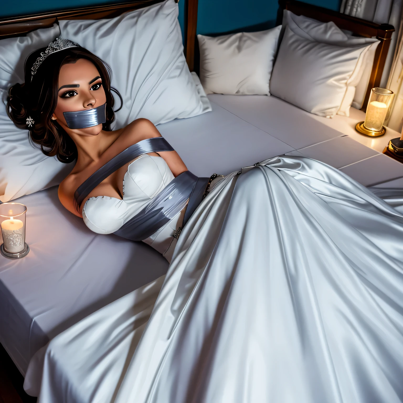 (bright lighting,romantic setting),bride captured, dreamy background,bondage,dark hair, mesmerizing gaze, , soft skin, alluring beauty, artistic portrait, high-quality image, vibrant colors, long silk gown, in the bed,tape bondage,tape gag, mosquito net, bridal,lying down