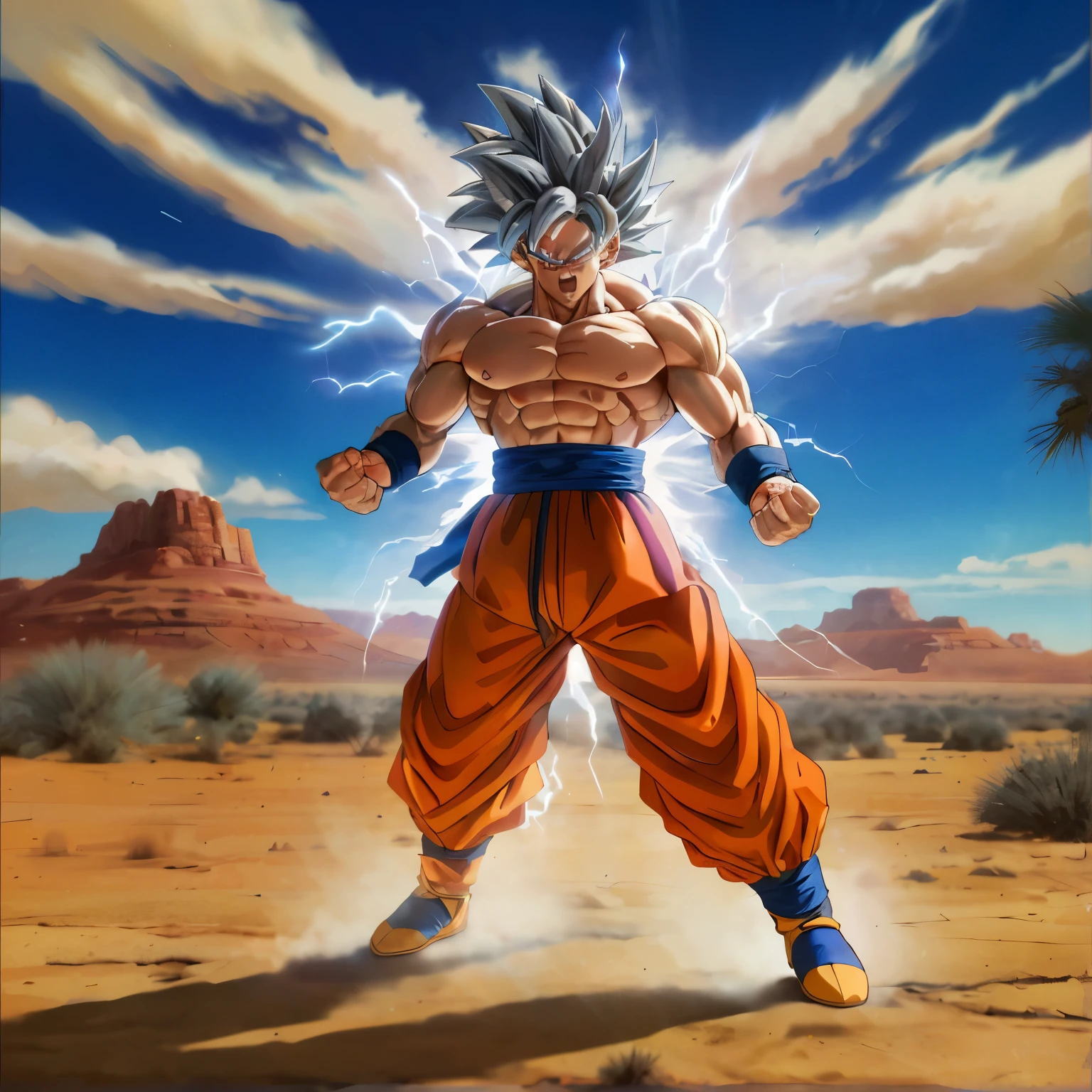 Generate a stunning artwork featuring Goku from Dragon Ball Z standing in a desert battlefield, exuding power and victory. Depict Goku in his Ultra Instinct mode, with his hair glowing like crackling electricity and his eyes emitting a piercing silver glow. Ensure highly detailed facial features, including Goku's eyes, nose, and mouth, conveying a determined expression. Pay close attention to the intricate details of his hands and fingers as he prepares to unleash his iconic 'Kamehameha' attack. Surround Goku with an electrifying aura crackling around the outline of his body, particularly vivid around his hands. The desert landscape should be depicted with subtle lighting to enhance the contrast with Goku's radiant aura. Capture the essence of intensity and triumph amidst the desolate yet charged atmosphere of the battlefield.