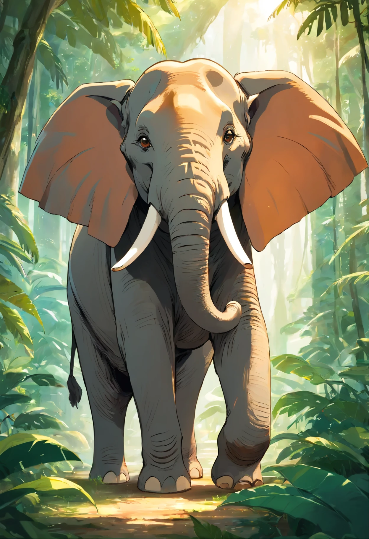 an elephant in a lush green jungle, detailed elephant eyes, wrinkled elephant skin, strong and majestic, enormous tusks, gentle temperament, surrounded by vibrant tropical plants, golden sunlight filtering through the dense foliage, creating beautiful shadows, realistic portrait, high resolution, vivid colors, intricately painted, with attention to every detail, capturing the magnificent presence of the elephant, nature photography style, warm earthy tones, soft natural lighting