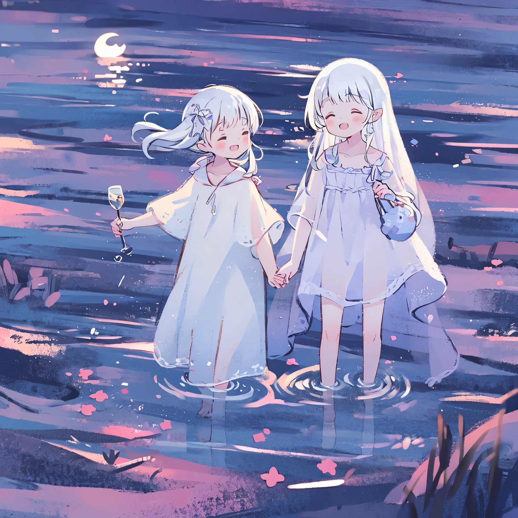 an ocean of stars, night sky, colorful, ethereal, charming girl in a white sheer doll dress, white hair, walking on the water, Her smile was filled with tenderness and joy, giant crescent white moon dipping into the water in the background, midjourney style