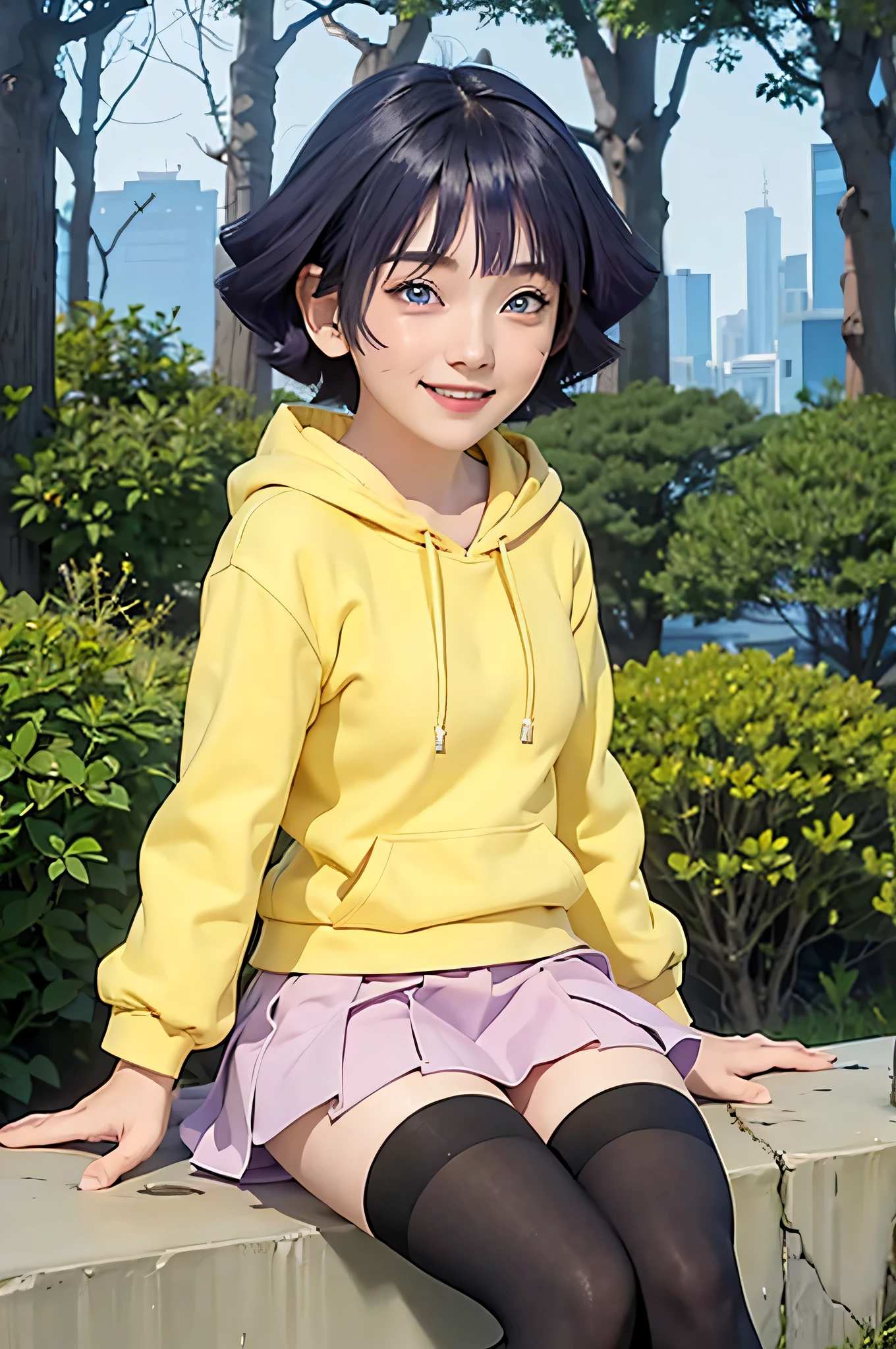 1girl, himawari anime naruto shipudden, short hair , purple hair, blue eyes, beautiful, Yellow clothes , smile, realistic clothes, detail clothes, city background, ultra detail, realistic