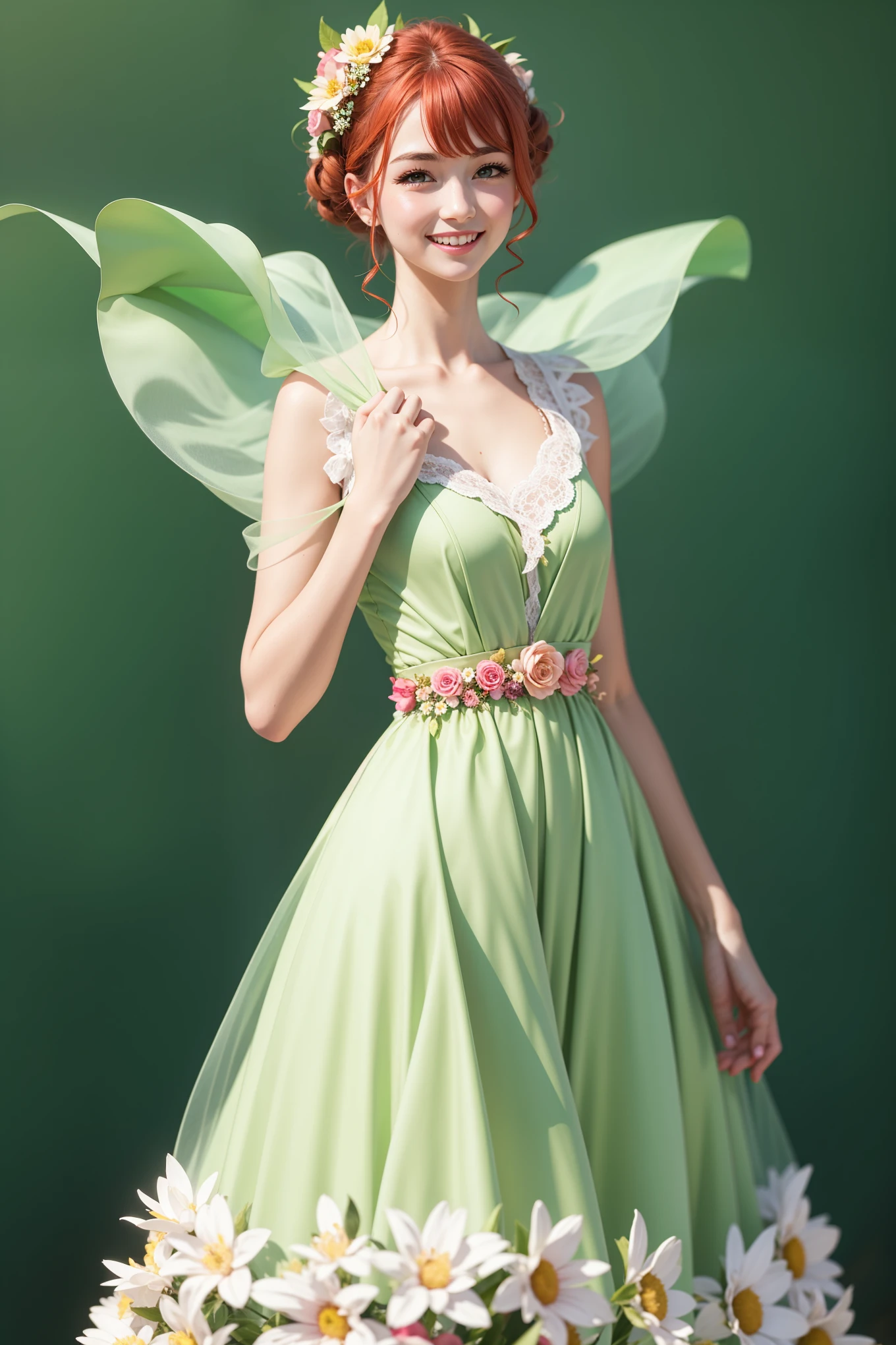 Lovely beautiful girl, European view (A European view), (((Redheads))) beautiful thick curly hair ((brown-haired)) decorated with flowers, very beautiful fluffy dress (Green & Pink), nice smile, Brown eyes