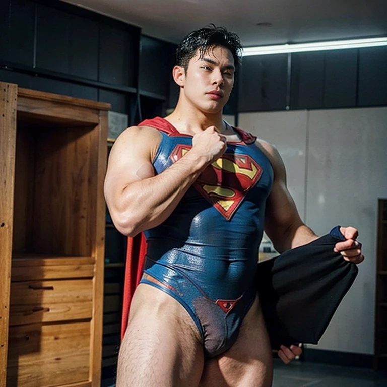 Man body setting，Superman costume tights , (bare thighs ) , sexy , NSFW , eroticism , R18 , seduction, standing , high raise thong , big thighs , fat hips. korean man
