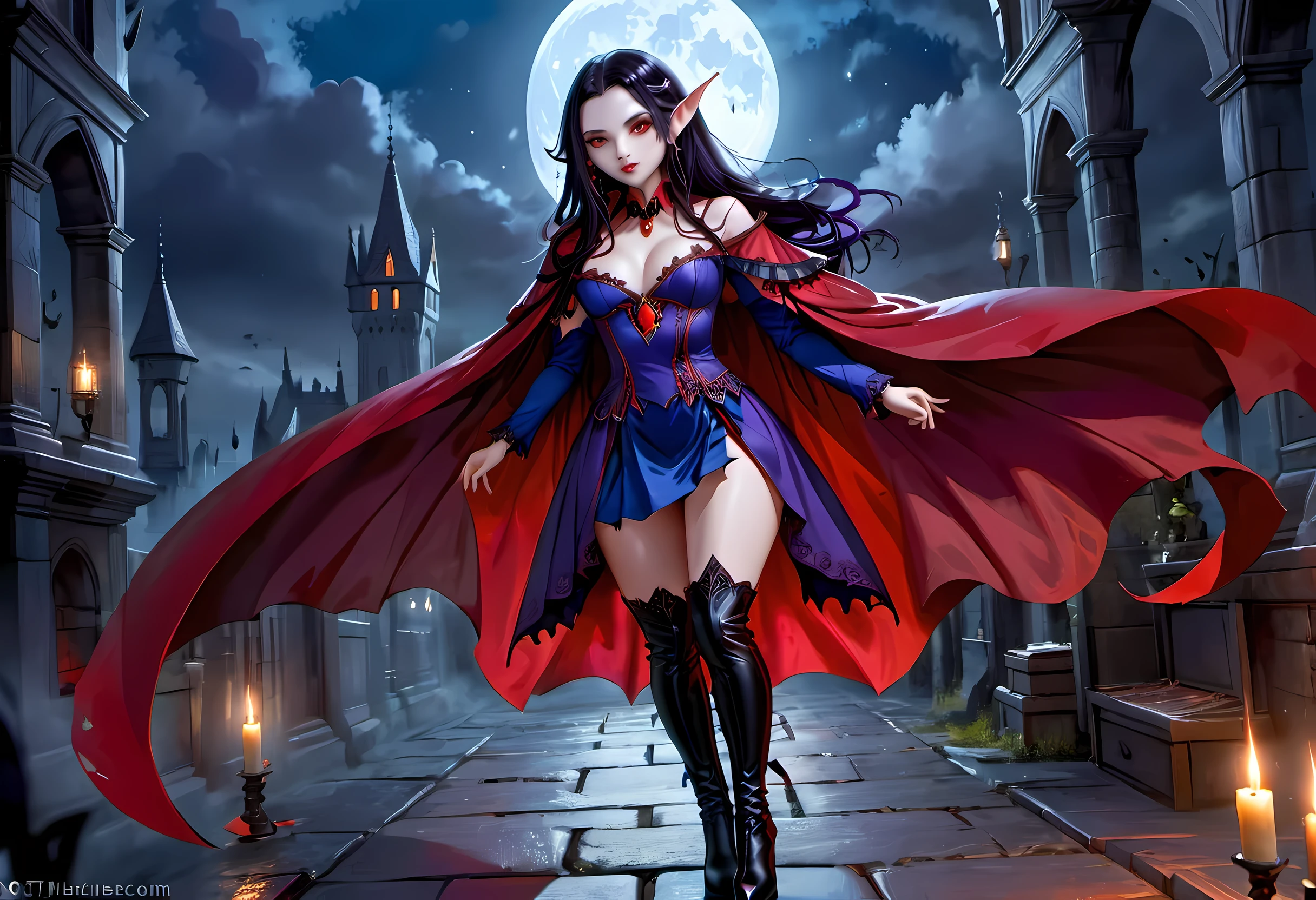 fantasy art, gothic art, (masterpiece:1.5), full body best details, highly detailed, best quality, Glowing Purple, highres, full body portrait of a vampire, elf (Masterpiece, best quality: 1.6), ultra feminine, wizard, (intricate details, Masterpiece, best quality: 1.5) with a long curvy hair,  black hair hair, (red: 1.2) eyes, (fantasy art, Masterpiece, best quality), ((beautiful delicate face)), Ultra Detailed Face (intricate details, fantasy art, Masterpiece, best quality: 1.5), [[vampiric fangs 1.5]] (red cloak: 1.3) , flowing cloak (intricate details, fantasy art, Masterpiece, best quality: 1.3), wearing an intricate (blue:1.3) dress (intricate details, fantasy art, Masterpiece, best quality: 1.5), high heeled boots, urban background (intense details, beat details), fantasy, at night light, natural ,moon light, clouds, gothic atmosphere, soft light, dynamic light, [[anatomically correct]], high details, best quality, 8k, [ultra detailed], masterpiece, best quality, (extremely detailed), dynamic angle
