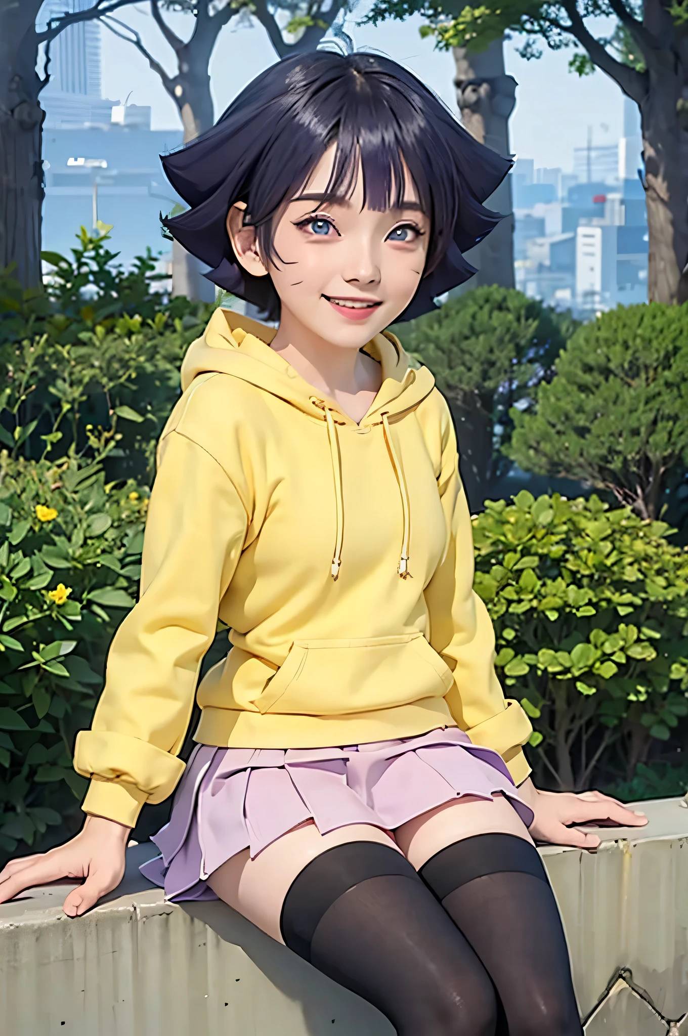 1girl, himawari anime naruto shipudden, short hair , purple hair, blue eyes, beautiful, Yellow clothes , smile, realistic clothes, detail clothes, city background, ultra detail, realistic