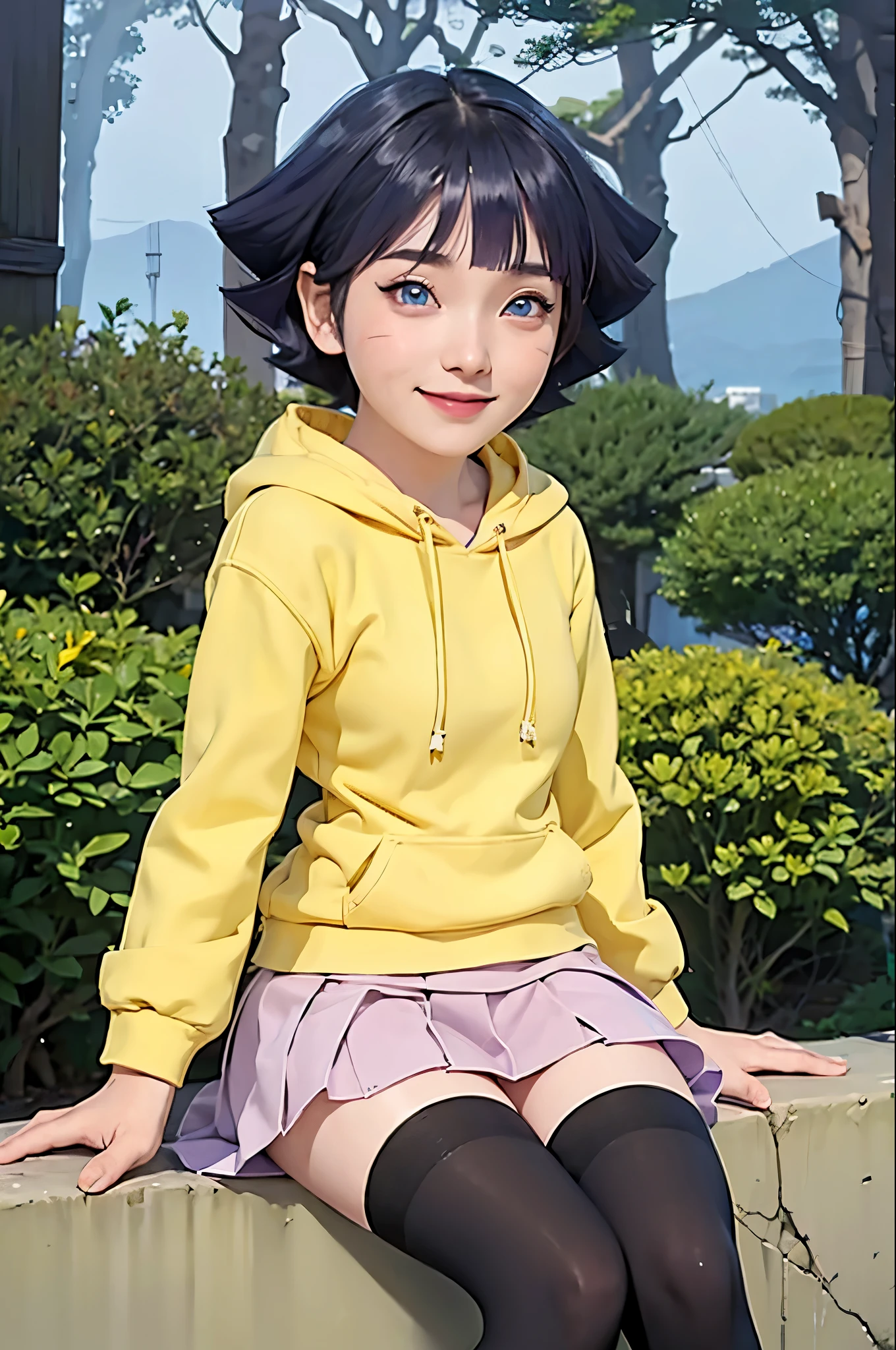 1girl, himawari anime naruto shipudden, short hair , purple hair, blue eyes, beautiful, Yellow clothes , smile, realistic clothes, detail clothes, city background, ultra detail, realistic