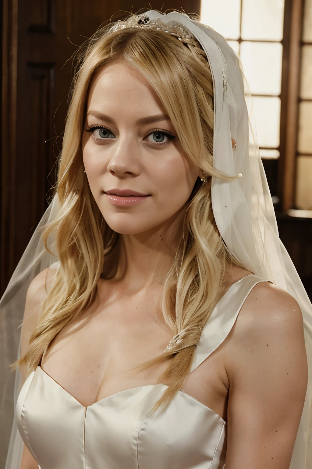 Elizabeth Banks, Wedding Dress, long veil, blonde hair, long hair, Wedding, bride