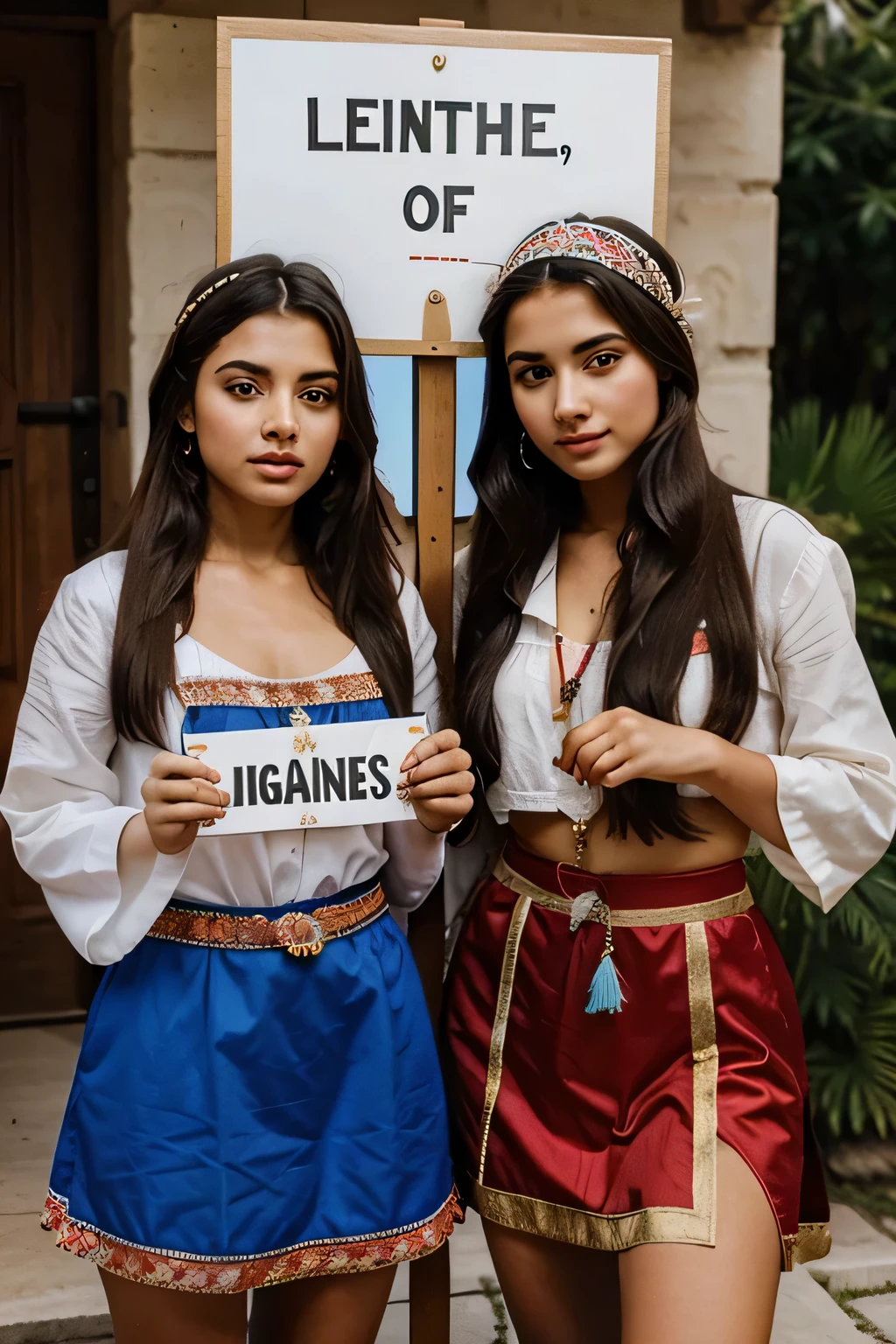 Two beautiful young gypsy girls wearing traditional costumes, holding a sign in your hands, s Ciganas, Two gypsy girls holding a sign in their hands