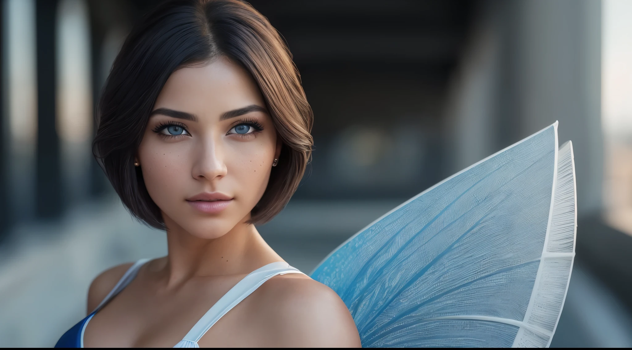 (RAW, analog, Nikon Z 14mm ultra wide angle lens, award-winning glamour photography, ((highest quality)), ((masterpiece)), ((realistic)), skin pores, subsurface scattering, synchrotron rays, high resolution, detailed facial features, high detail, sharp focus, smooth, aesthetic, highly detailed, (highly detailed eyes, highly detailed iris), highly detailed hair, highly detailed skin, highly detailed clothing, Octane Rendering, Photorealistic, Realistic, Post-Processing, Maximum Detail, Realistic Shadows, Roughness, Natural Skin Texture, Real Life, Ultra Realistic, Photorealism, Photography, 8K UHD, Photo, HDR, Complex and Elegant, Highly Detailed, Sharp Focus, Stunning, Beautiful, Gorgeous), (Masterpiece: 1.2, Best Quality 1:1, Ultra Detail: 1.2, Best Shadows, 8k: 1.1) (Large city: 1.3, rooftop: 1.1, lower structures, railings), (contrasting background, light background), (beautiful detailed face), high contrast, (perfect lighting: 1.2, beautiful color, delicate color), (cinematic light)), colorful, hyper-detail, dramatic light, intricate detail, (Isabel Merced, solo, bob_cut_ hair, blue eyes, dynamic angle, seductive), depth of field