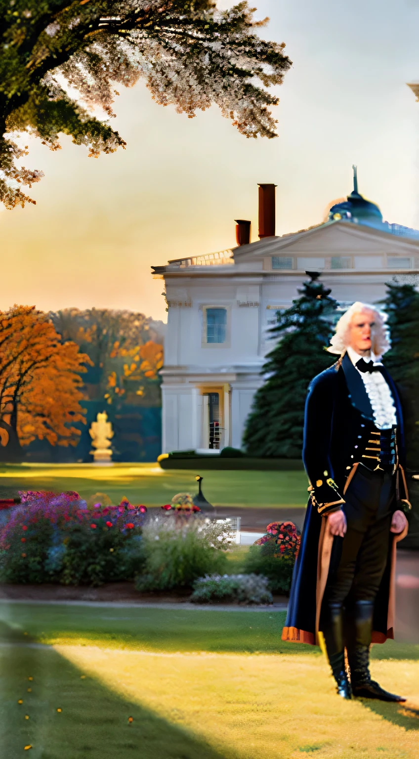 (masterpiece, UHD, oil painting, Greg Rutkowski style:1.3), George Washington, (fine powdered wig:1.2), formal 18th-century clothing, posed on Monticello's grounds, verdant Virginia landscape, intricate gardens, architectural elegance, vivid sky, setting sun, (warm color palette:1.2), sense of tranquility, full body, gazing into the distance.