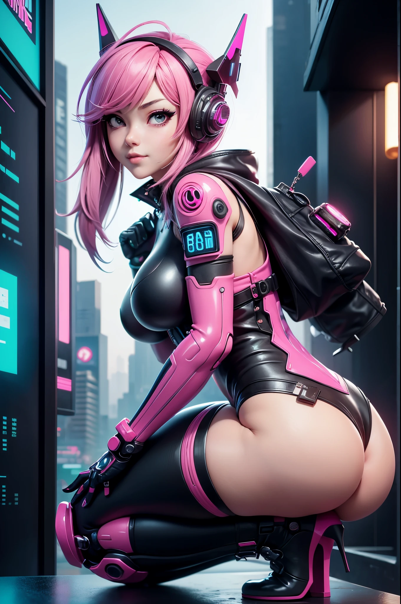 anime girl in a pink outfit sitting on a table in a city, cyberpunk art by Shitao, pixiv, neoism, oppai cyberpunk, best anime 4k konachan wallpaper, seductive anime girl, cyberpunk anime girl, beautiful anime girl squatting, female cyberpunk anime girl, anime cyberpunk art, biomechanical oppai, digital cyberpunk anime art