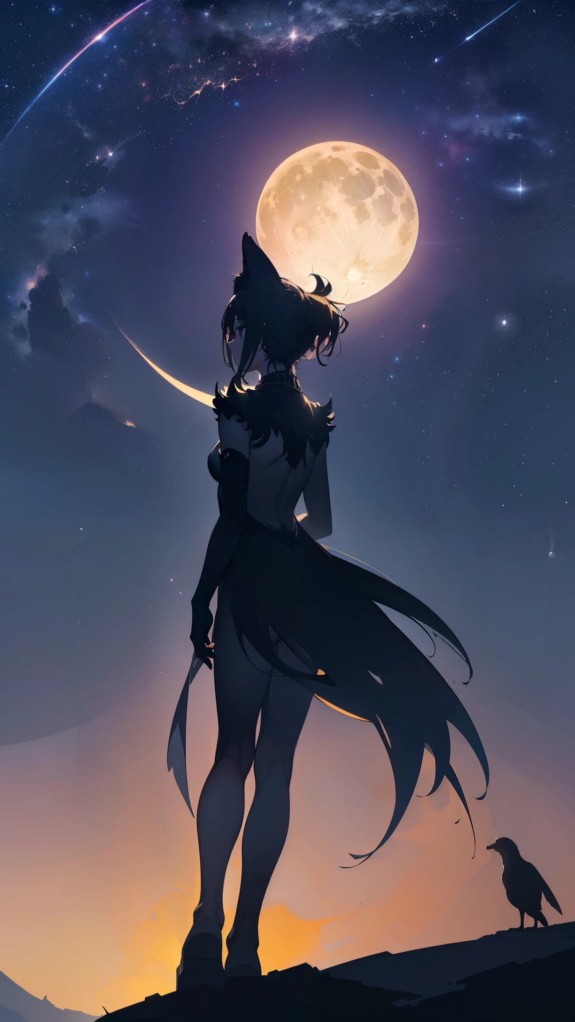 ((32k)), ((best quality)), ((ultra high res)), ((HDR)), ((UHD)), ((extremely detailed CG)), ((unity 32k wallpaper)), ((best quality starry sky)), ((best quality full moon)), (((best quality back))), ((best quality town)), ((((silhouette)))), (((silhouette human))), (((running))), 