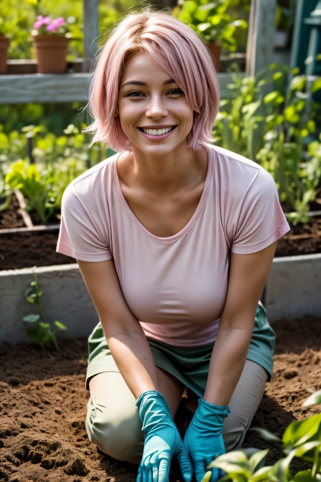 Conjure a sense of community with a photo of a woman with (short light pink hair) (beautiful breasts), volunteering in a community garden. She's donning a (bright teal t-shirt) and (khaki gardening gloves), kneeling as she tends to young plants. The angle is eye-level, showcasing the rows of garden beds and her genuine smile. The soft afternoon lighting highlights the greenery and the dirt on her hands, symbolizing the nurturing care of communal work and the growth it brings