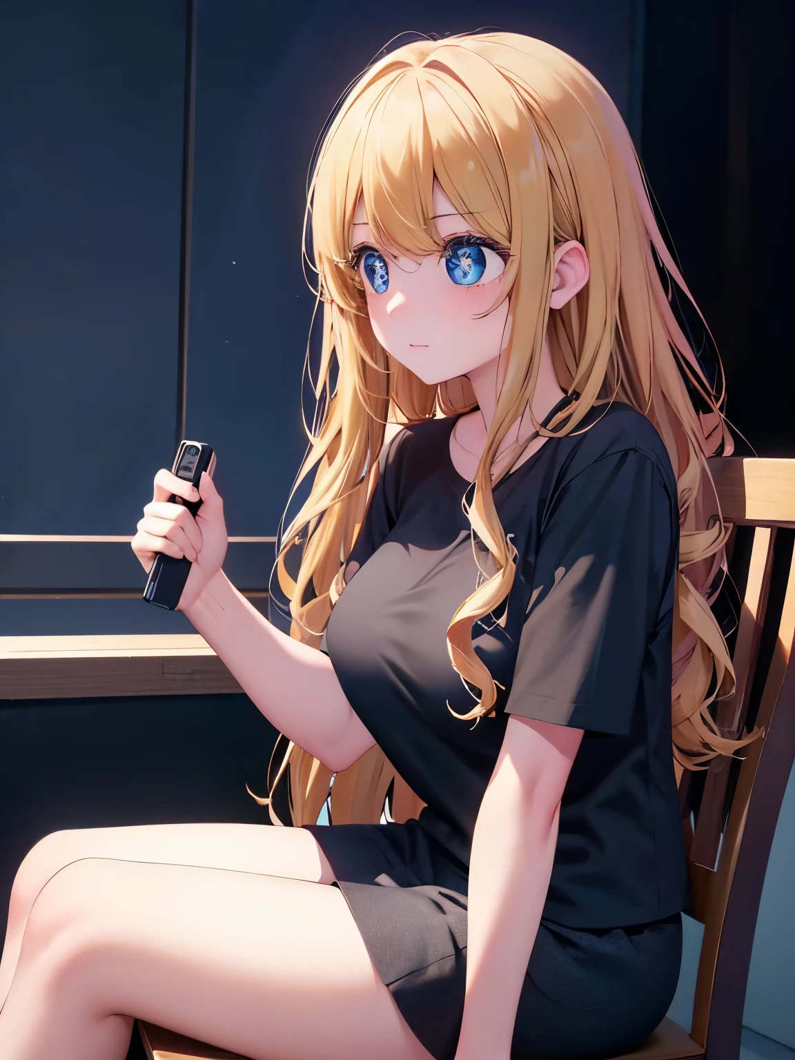 1woman,super beautiful,Sit facing left, camera angle from the side, looking away,talking,photo from the side,half body photo,Beautiful eyes, very detailed face,cute, tennis skirt,HD face, perfect face,black t-shirt,black t-shirt,Plain t-shirt,black mini skirt,Very big breasts,Blonde hair,long hair,wavy hair,bangs,blue eyes,ultra detail,ultra Hd, masterpiece,4k