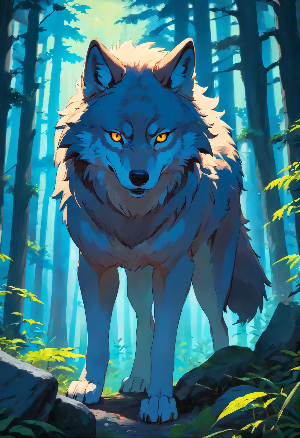beautiful detailed wolf, dramatic lighting, forest background, mystical and dark atmosphere, realistic fur texture, intense gaze, vibrant colors, highres rendering, detailed claws, sharp teeth, powerful and majestic pose, moonlight, mysterious forest, intense eyes, nature-inspired artwork, vivid colors, hauntingly beautiful, incredible attention to detail, stunning realism, masterful brushwork, dynamic composition, hypnotic stare, realistic shadows, mesmerizing art, expertly captured the essence of the wolf, intricate details, lifelike expression, captivating artwork, fierce and wild, awe-inspiring presence, mystical aura.