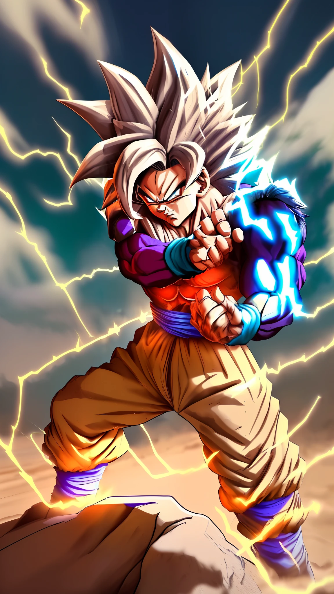 Generate a stunning artwork featuring Goku from Dragon Ball Z standing in a desert battlefield, exuding power and victory. Depict Goku in his Ultra Instinct mode, with his hair glowing like crackling electricity and his eyes emitting a piercing silver glow. Ensure highly detailed facial features, including Goku's eyes, nose, and mouth, conveying a determined expression. Pay close attention to the intricate details of his hands and fingers as he prepares to unleash his iconic 'Kamehameha' attack. Surround Goku with an electrifying aura crackling around the outline of his body, particularly vivid around his hands. The desert landscape should be depicted with subtle lighting to enhance the contrast with Goku's radiant aura. Capture the essence of intensity and triumph amidst the desolate yet charged atmosphere of the battlefield.