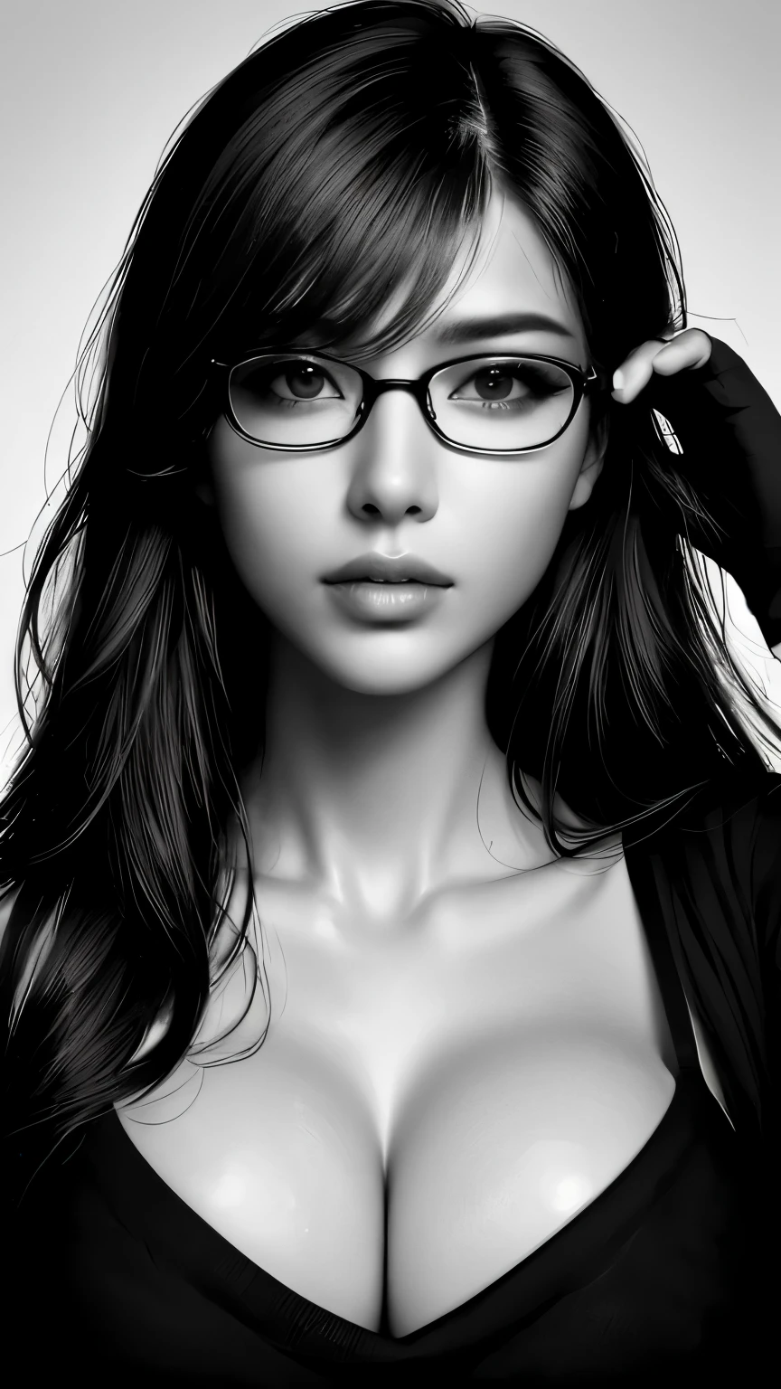 Best Quality, Masterpiece, cinematic lighting, straight Bangs, Detailed eyes, Double eyelids, sharp face, looking at viewer, glasses, black sweater, ((Dark background)), open mouse, y face, Facial expressions when receiving pleasure, realistic movie lighting, detail shaded, high contrast,