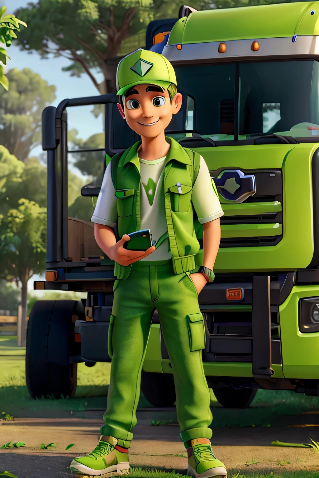 (highres,man,truck driver,vivid green clothes and cap,holding cellphone,smiling,green waste collection truck,environmental)