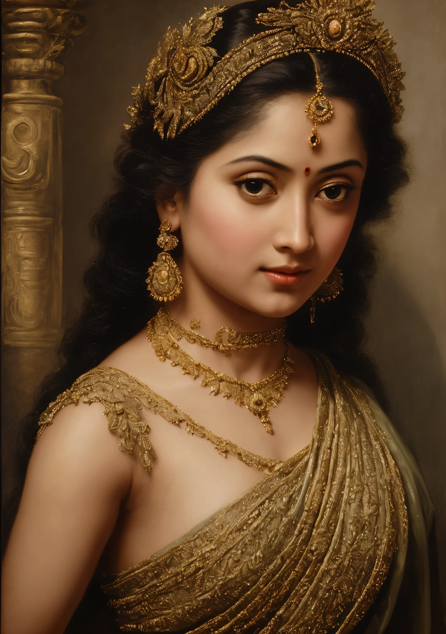 Beautiful Indian Woman, wearing saree, sari Beauty, gorgeous, Apsara, Maharani, royal queen woman, nymph from Hindu Mythology, Urvashi, matchless beauty, Highly detailed, Oil Painting by Peter Paul Rubens inspired by Raja Ravi Varma, Matchless beauty, captivating, gorgeous, heavenly beauty, celestial beauty, by Peter Paul Rubens, 13, realistic, hyper realistic, micro details, incredible artwork, insane details, ultra High resolution, 8k, 32k, acrylic on canvas, intricate, flawless, detailed, detailed face, detailed eyes, masterpiece, by Peter Paul Rubens, by Caravaggio, by William Adolphe bouguereau, perfect face, perfect body, beautiful art, realism, baroque, renaissance Art, highly textured, beautiful and detailed eyes, uhd, best quality,
