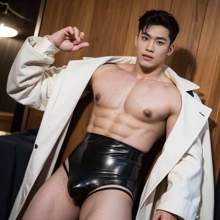 photo of a handsome (korean man), ((futuristic fashion show)), (Supermodel), runway, (smirk:0.7), coiffed hairstyle, (oily skin), (looking at viewer), fashion model posing, b0ndage, ((bondage strap outfit)), male focus, dynamic movement, (ultra realistic, masterpiece, hdr, intricate details, detailed background, depth of field), dynamic pose, dynamic angle. full length shot(fls) , big thighs , big hips , insane details, hyper details , photorealistic , only male , Super handsome man , fat buttock , puffy nipples , 16k resolution , ultra-high clarity , hyperrealism, uhd,. K-pop, whore , slutty whore , swollen nipples , grins , thick thighs, thick booty. Fat buttocks