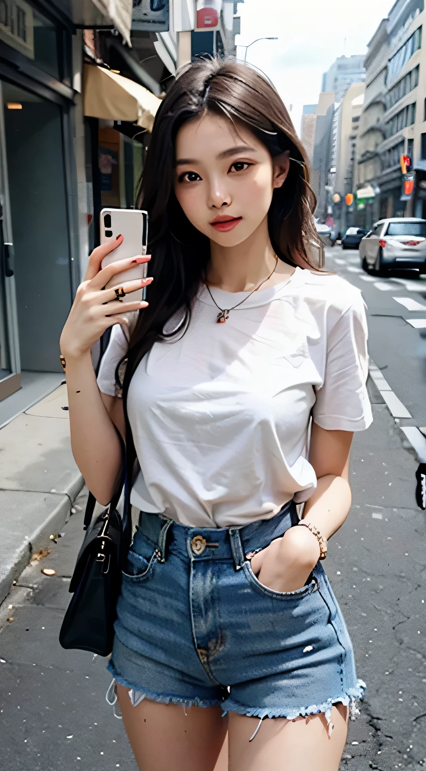 Beautiful woman, fiddling with cell phone in the middle of the street, short clothes