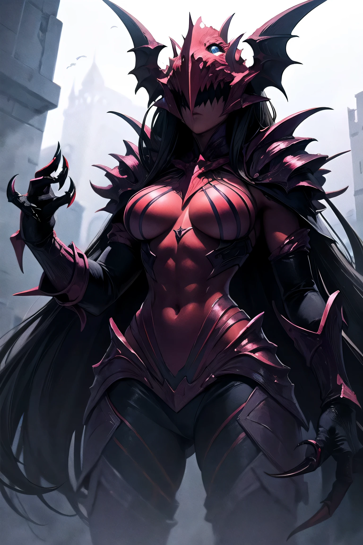 Foggy fortress, misty, mutated, sophisticated, devil queen, Zelda, demon claws, female creature, cursed armor,