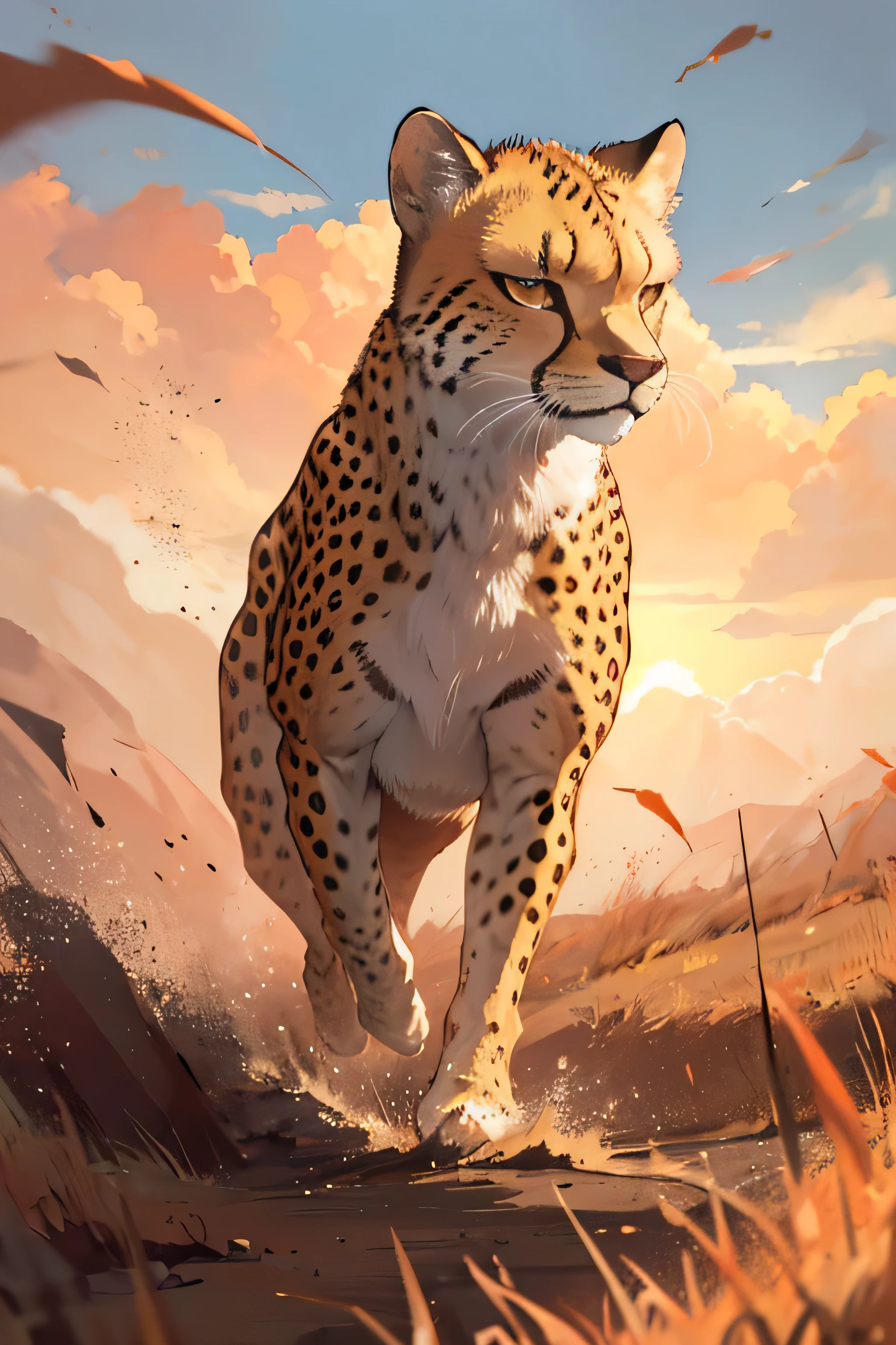 A photo of a cheetah sprinting across the African savanna, dust billowing in its wake with red splash theme