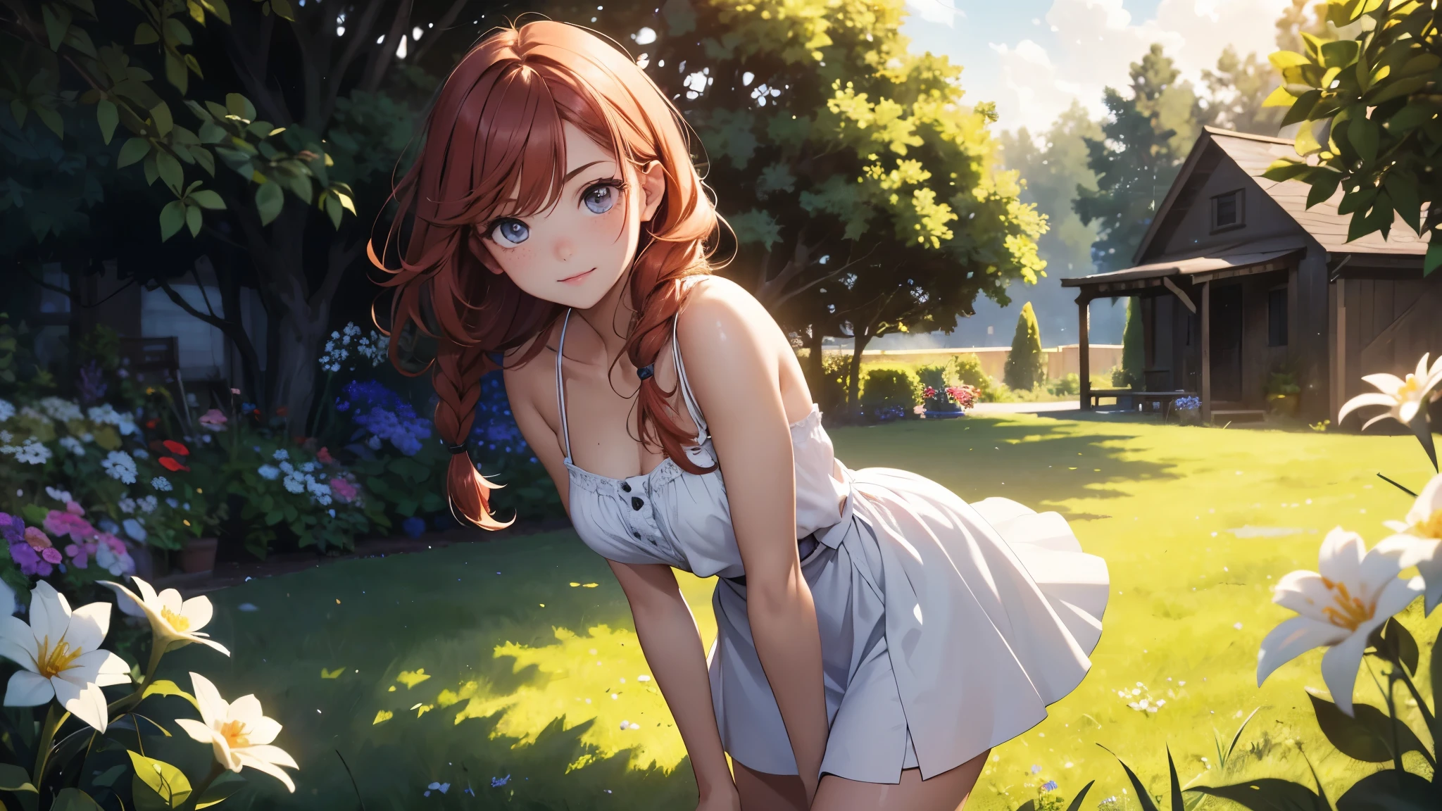 drooping eyes, eyes realistic sizing, ((round face, smiling, blush, shame play, emphasize body line, orgasm)), various pattern thin casual dress, arch hip, showing off pubic hair, open legs, strong sunlight, sweat, dark red hair, braid, sitting on the pipe bollard,