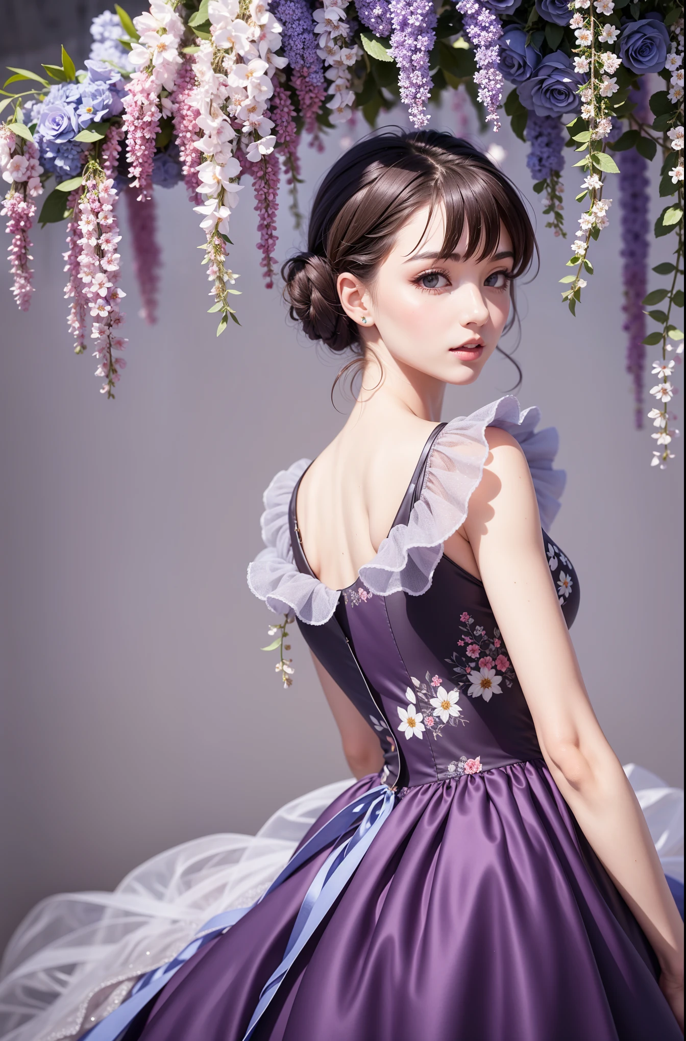 Lovely beautiful girl, European view (A European view), (((black))) beautiful thick curly hair (((brunette))) decorated with flowers, very beautiful fluffy dress, costs half a turn, looks at us with seductive eyes


