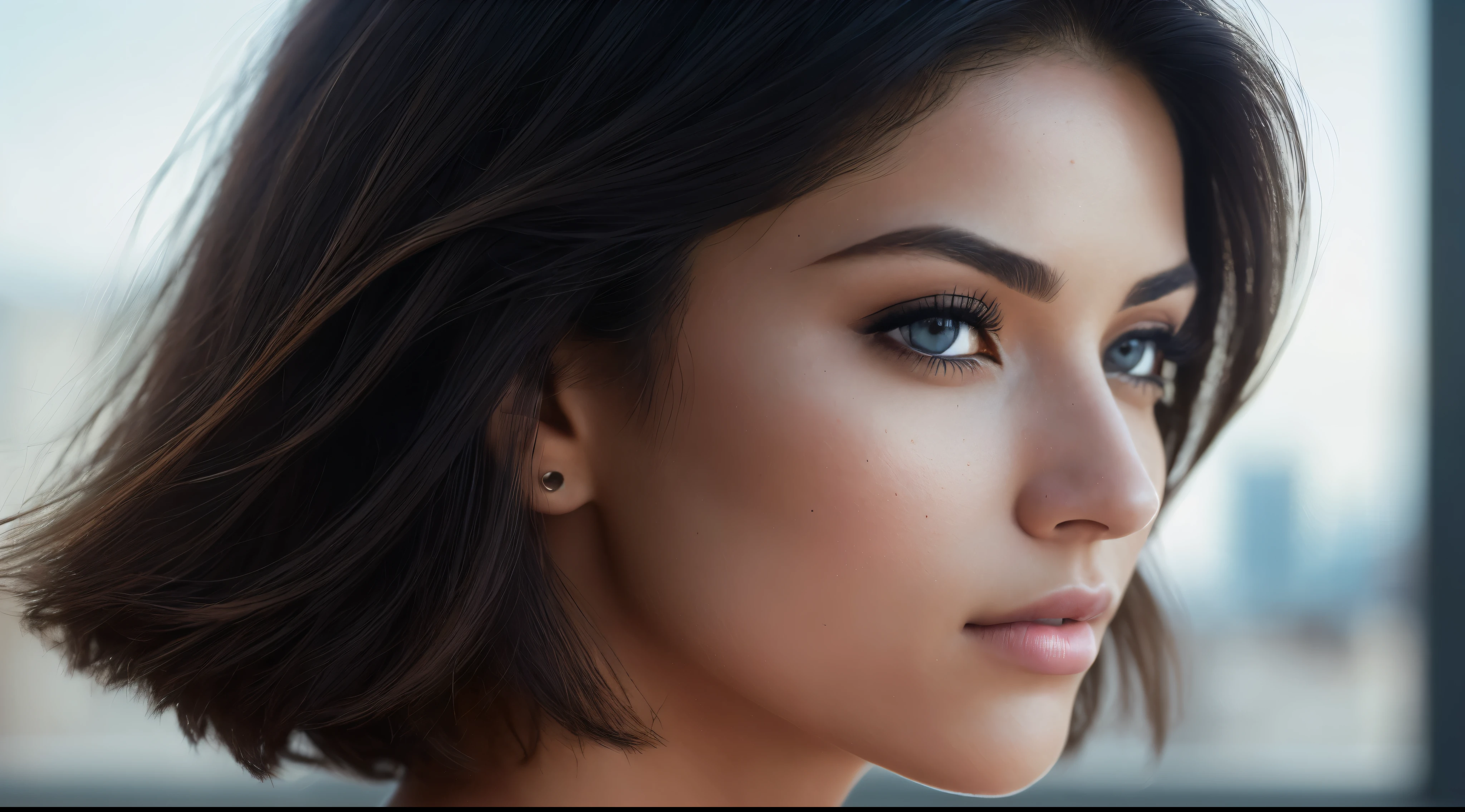 (RAW, analog, Nikon Z 14mm ultra wide angle lens, award-winning glamour photography, ((highest quality)), ((masterpiece)), ((realistic)), skin pores, subsurface scattering, synchrotron rays, high resolution, detailed facial features, high detail, sharp focus, smooth, aesthetic, highly detailed, (highly detailed eyes, highly detailed iris), highly detailed hair, highly detailed skin, highly detailed clothing, Octane Rendering, Photorealistic, Realistic, Post-Processing, Maximum Detail, Realistic Shadows, Roughness, Natural Skin Texture, Real Life, Ultra Realistic, Photorealism, Photography, 8K UHD, Photo, HDR, Complex and Elegant, Highly Detailed, Sharp Focus, Stunning, Beautiful, Gorgeous), (Masterpiece: 1.2, Best Quality 1:1, Ultra Detail: 1.2, Best Shadows, 8k: 1.1) (Large city: 1.3, rooftop: 1.1, lower structures, railings), (contrasting background, light background), (beautiful detailed face), high contrast, (perfect lighting: 1.2, beautiful color, delicate color), (cinematic light)), colorful, hyper-detail, dramatic light, intricate detail, (Isabel Merced, solo, bob_cut_ hair, blue eyes, dynamic angle, seductive), depth of field