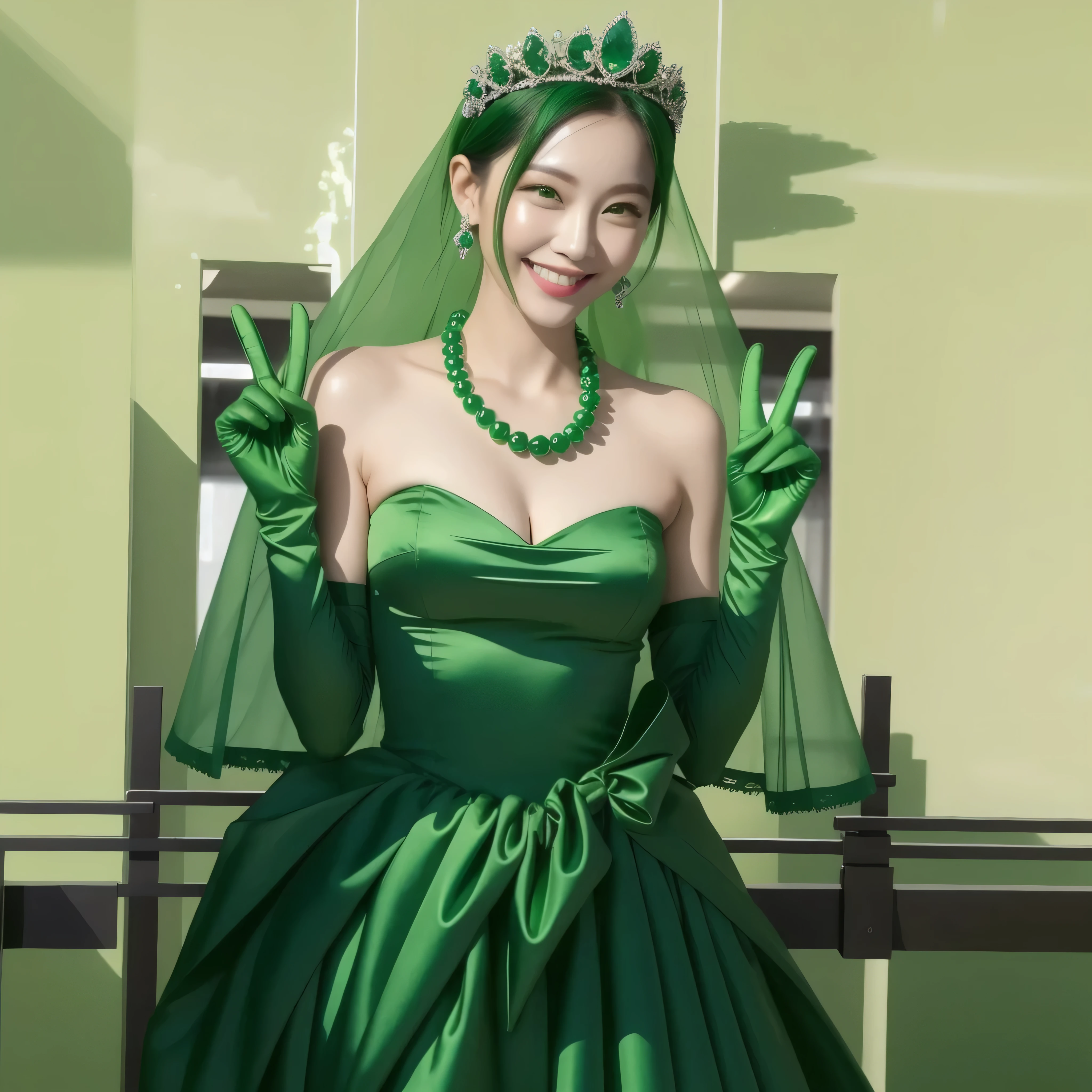 emerald tiara, green pearl necklace, boyish very short green hair, green lips, smiling Japanese woman, very short hair, Beautiful woman with big breasts, green eyes, green satin long gloves, green eyes, emerald earrings, green veil, Heart with both hands, green hair, beautiful japanese woman, V sign, green lip gloss