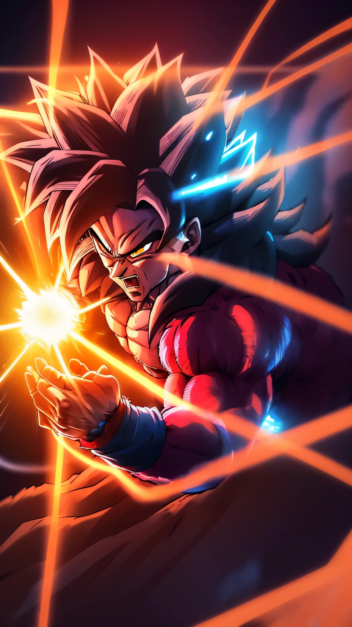 Generate an awe-inspiring artwork featuring Goku, the iconic character from Dragon Ball Z, amidst a desolate desert battlefield. In this scene of triumph and power, depict Goku in his legendary Ultra Instinct mode, a state of unparalleled mastery and strength. Ensure meticulous attention to detail, beginning with Goku's electrifying presence: his hair should cascade in shimmering strands of silver, resembling crackling electricity, while his eyes blaze with a piercing silver glow, reflecting the depth of his determination and power.

Zoom in on Goku's face to capture the intensity of his expression. His eyes, nose, and mouth should be rendered with precision, conveying a steely resolve and unwavering focus. Pay special attention to his hands and fingers as he prepares to unleash his signature attack, the 'Kamehameha.' Each digit should be poised with precision, emanating a sense of controlled power and imminent release.

Surround Goku with a dynamic aura of energy, crackling and swirling around the outline of his body. This electrifying aura should pulsate with life, mirroring Goku's inner strength and vitality. The desert landscape serves as the backdrop for this epic scene, with subtle lighting casting shadows and highlights to enhance the contrast with Goku's radiant form.

Capture the essence of victory and triumph amidst the desolate expanse of the battlefield. The atmosphere crackles with energy and tension, conveying the sheer magnitude of Goku's power and the weight of his decisive victory. This artwork should not only portray Goku's physical prowess but also evoke a sense of awe and inspiration, leaving viewers captivated by the sheer force of his presence.