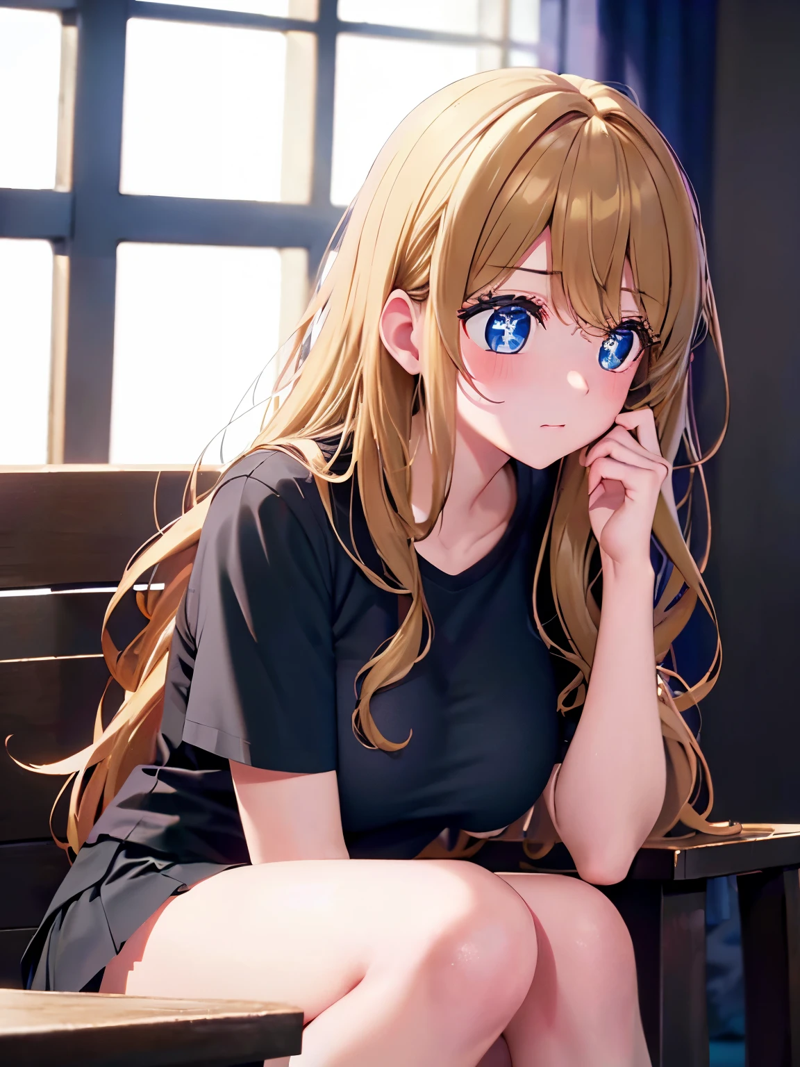 1woman,super beautiful,Morning,squat,half body photo,Beautiful eyes, very detailed face,Pouting lips,cute, HD face, perfect face,black t-shirt,black mini skirt,Very big breasts,Blonde hair,long hair,wavy hair,bangs,blue eyes,ultra detail,ultra Hd, masterpiece,4k