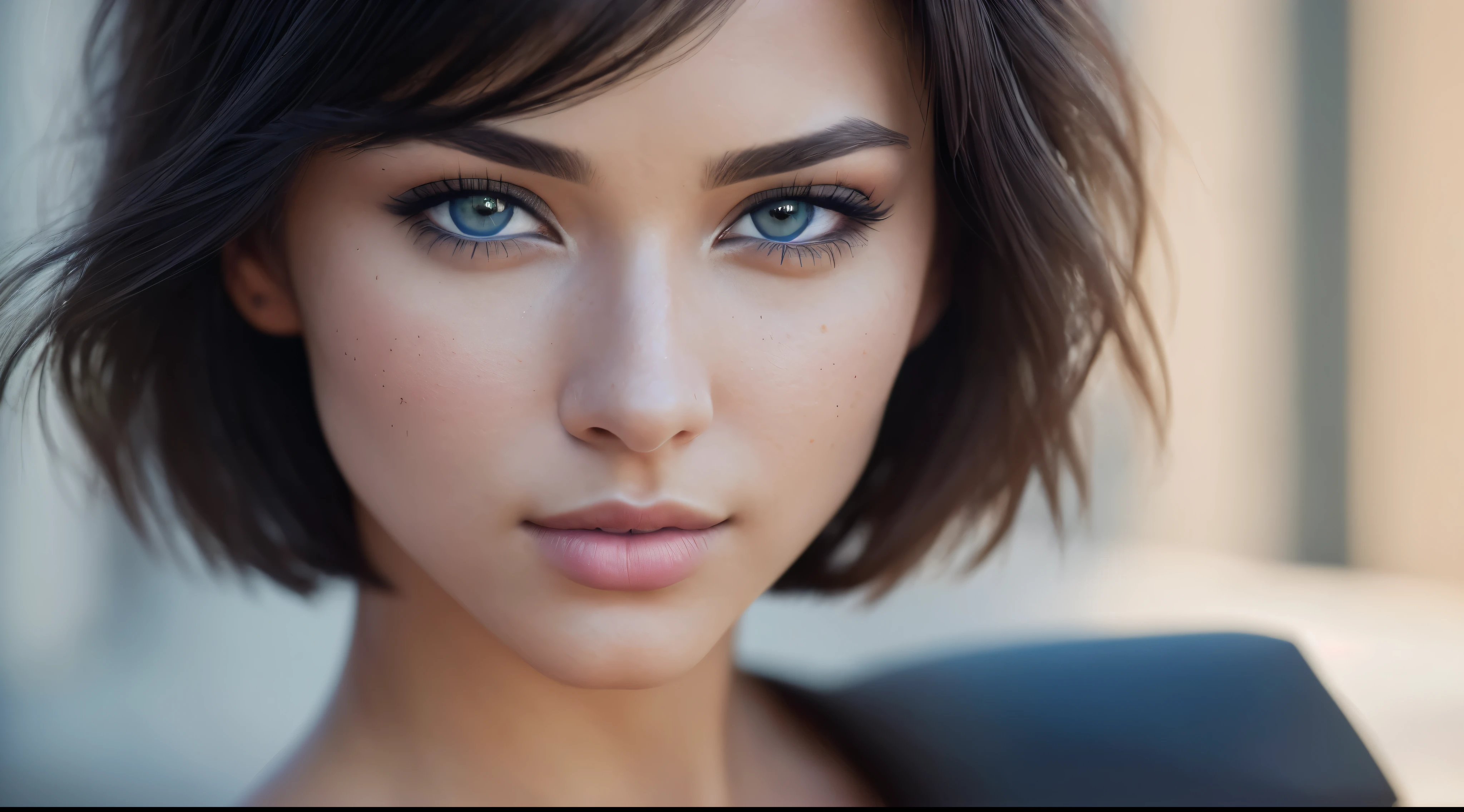 (RAW, analog, Nikon Z 14mm ultra wide angle lens, award-winning glamour photography, ((highest quality)), ((masterpiece)), ((realistic)), skin pores, subsurface scattering, synchrotron rays, high resolution, detailed facial features, high detail, sharp focus, smooth, aesthetic, highly detailed, (highly detailed eyes, highly detailed iris), highly detailed hair, highly detailed skin, highly detailed clothing, Octane Rendering, Photorealistic, Realistic, Post-Processing, Maximum Detail, Realistic Shadows, Roughness, Natural Skin Texture, Real Life, Ultra Realistic, Photorealism, Photography, 8K UHD, Photo, HDR, Complex and Elegant, Highly Detailed, Sharp Focus, Stunning, Beautiful, Gorgeous), (Masterpiece: 1.2, Best Quality 1:1, Ultra Detail: 1.2, Best Shadows, 8k: 1.1) (Large city: 1.3, rooftop: 1.1, lower structures, railings), (contrasting background, light background), (beautiful detailed face), high contrast, (perfect lighting: 1.2, beautiful color, delicate color), (cinematic light)), colorful, hyper-detail, dramatic light, intricate detail, (Isabel Merced, solo, bob_cut_ hair, blue eyes, dynamic angle, seductive), depth of field