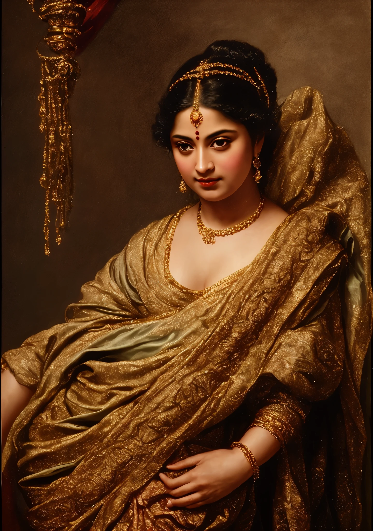 Beautiful Indian Woman, wearing saree, sari Beauty, gorgeous, Apsara, Maharani, royal queen woman, nymph from Hindu Mythology, Urvashi, matchless beauty, Highly detailed, Oil Painting by Peter Paul Rubens inspired by Raja Ravi Varma, Matchless beauty, captivating, gorgeous, heavenly beauty, celestial beauty, by Peter Paul Rubens, 13, realistic, hyper realistic, micro details, incredible artwork, insane details, ultra High resolution, 8k, 32k, acrylic on canvas, intricate, flawless, detailed, detailed face, detailed eyes, masterpiece, by Peter Paul Rubens, by Caravaggio, by William Adolphe bouguereau, perfect face, perfect body, beautiful art, realism, baroque, renaissance Art, highly textured, beautiful and detailed eyes, uhd, best quality,
