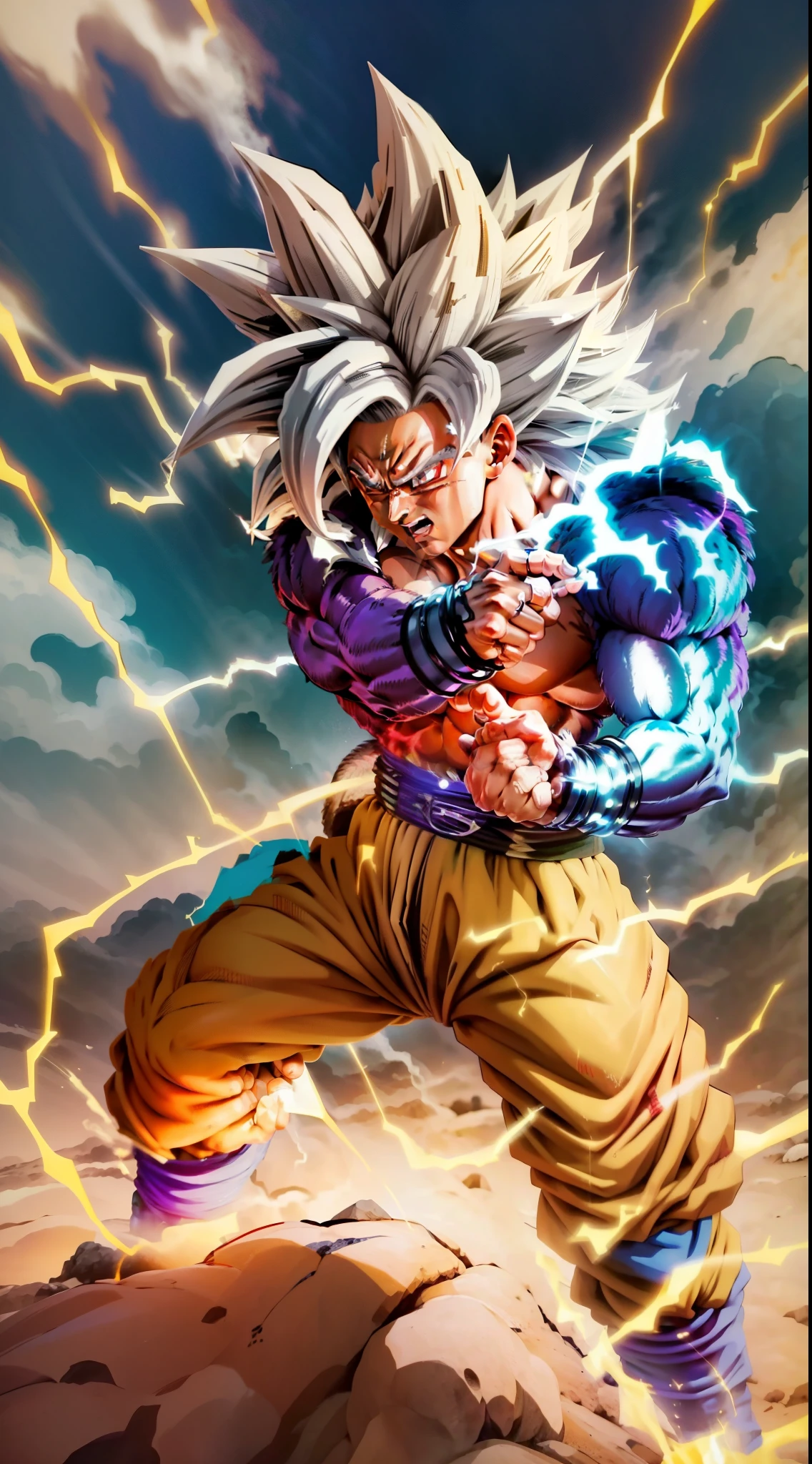 Generate an awe-inspiring artwork featuring Goku, the iconic character from Dragon Ball Z, amidst a desolate desert battlefield. In this scene of triumph and power, depict Goku in his legendary Ultra Instinct mode, a state of unparalleled mastery and strength. Ensure meticulous attention to detail, beginning with Goku's electrifying presence: his hair should cascade in shimmering strands of silver, resembling crackling electricity, while his eyes blaze with a piercing silver glow, reflecting the depth of his determination and power.

Zoom in on Goku's face to capture the intensity of his expression. His eyes, nose, and mouth should be rendered with precision, conveying a steely resolve and unwavering focus. Pay special attention to his hands and fingers as he prepares to unleash his signature attack, the 'Kamehameha.' Each digit should be poised with precision, emanating a sense of controlled power and imminent release.

Surround Goku with a dynamic aura of energy, crackling and swirling around the outline of his body. This electrifying aura should pulsate with life, mirroring Goku's inner strength and vitality. The desert landscape serves as the backdrop for this epic scene, with subtle lighting casting shadows and highlights to enhance the contrast with Goku's radiant form.

Capture the essence of victory and triumph amidst the desolate expanse of the battlefield. The atmosphere crackles with energy and tension, conveying the sheer magnitude of Goku's power and the weight of his decisive victory. This artwork should not only portray Goku's physical prowess but also evoke a sense of awe and inspiration, leaving viewers captivated by the sheer force of his presence.