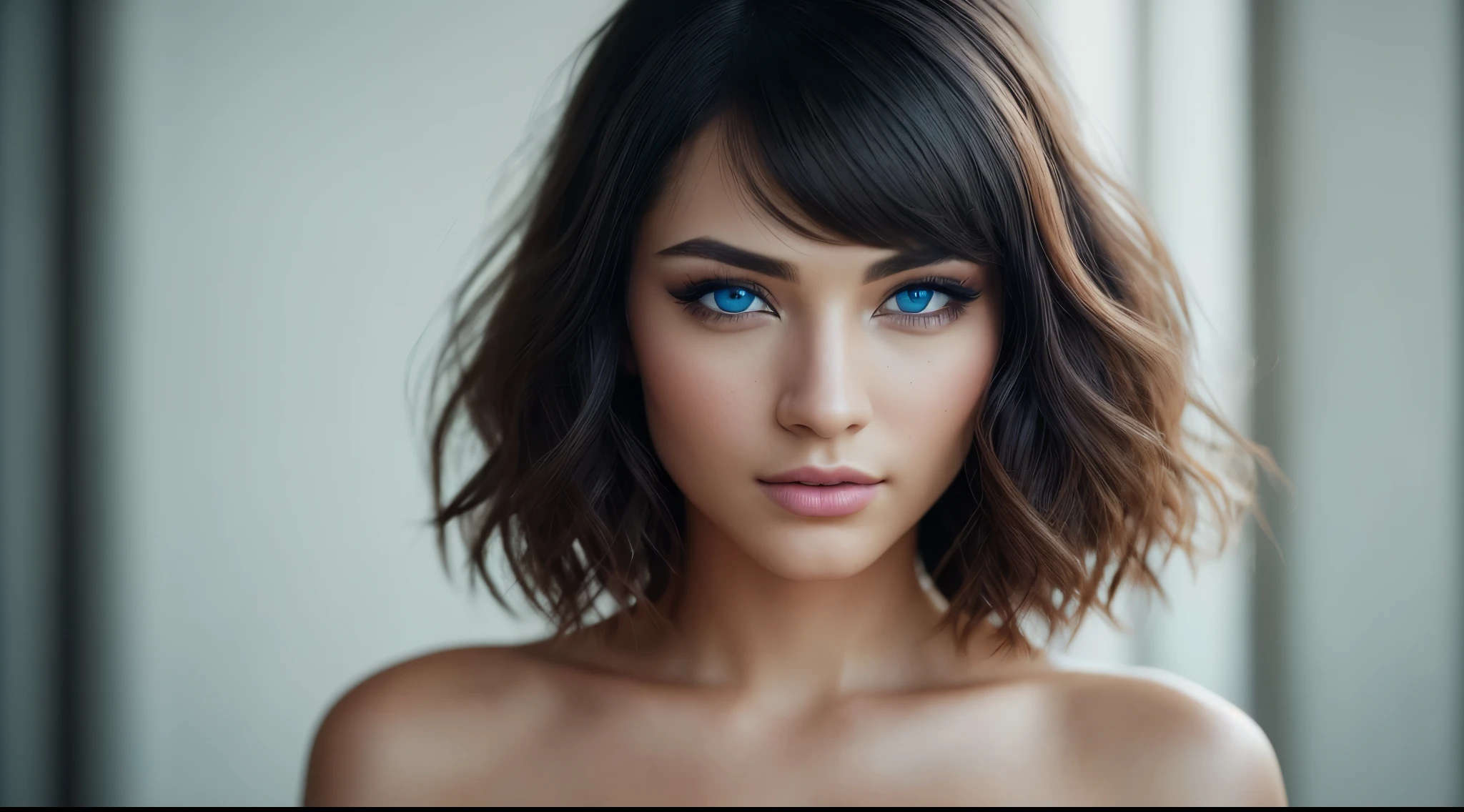 (RAW, analog, Nikon Z 14mm ultra wide angle lens, award-winning glamour photography, ((highest quality)), ((masterpiece)), ((realistic)),subsurface scattering, synchrotron rays, high resolution, detailed facial features, high detail, sharp focus, smooth, aesthetic, highly detailed, (highly detailed eyes, highly detailed iris), highly detailed hair, highly detailed skin, highly detailed clothing, Octane Rendering, Photorealistic, Realistic, Post-Processing, Maximum Detail, Realistic Shadows, Natural Skin Texture, Real Life, Ultra Realistic, Photorealism, Photography, 8K UHD, Photo, HDR, Complex and Elegant, Highly Detailed, Sharp Focus, Stunning, Beautiful, Gorgeous), (Masterpiece: 1.2, Best Quality 1:1, Ultra Detail: 1.2, Best Shadows, 8k: 1.1) (Large city: 1.3, rooftop: 1.1, lower structures, railings), (contrasting background, light background), (beautiful detailed face), high contrast, (perfect lighting: 1.2, beautiful color, delicate color), (cinematic light)), colorful, hyper-detail, dramatic light, intricate detail, (Isabel Merced, solo, bob_cut_ hair, blue eyes, dynamic angle, seductive), depth of field