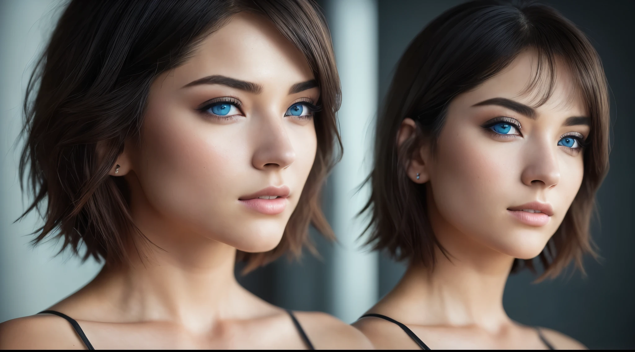 (RAW, analog, Nikon Z 14mm ultra wide angle lens, award-winning glamour photography, ((highest quality)), ((masterpiece)), ((realistic)),subsurface scattering, synchrotron rays, high resolution, detailed facial features, high detail, sharp focus, smooth, aesthetic, highly detailed, (highly detailed eyes, highly detailed iris), highly detailed hair, highly detailed skin, highly detailed clothing, Octane Rendering, Photorealistic, Realistic, Post-Processing, Maximum Detail, Realistic Shadows, Natural Skin Texture, Real Life, Ultra Realistic, Photorealism, Photography, 8K UHD, Photo, HDR, Complex and Elegant, Highly Detailed, Sharp Focus, Stunning, Beautiful, Gorgeous), (Masterpiece: 1.2, Best Quality 1:1, Ultra Detail: 1.2, Best Shadows, 8k: 1.1) (Large city: 1.3, rooftop: 1.1, lower structures, railings), (contrasting background, light background), (beautiful detailed face), high contrast, (perfect lighting: 1.2, beautiful color, delicate color), (cinematic light)), colorful, hyper-detail, dramatic light, intricate detail, (Isabel Merced, solo, bob_cut_ hair, blue eyes, dynamic angle, seductive), depth of field