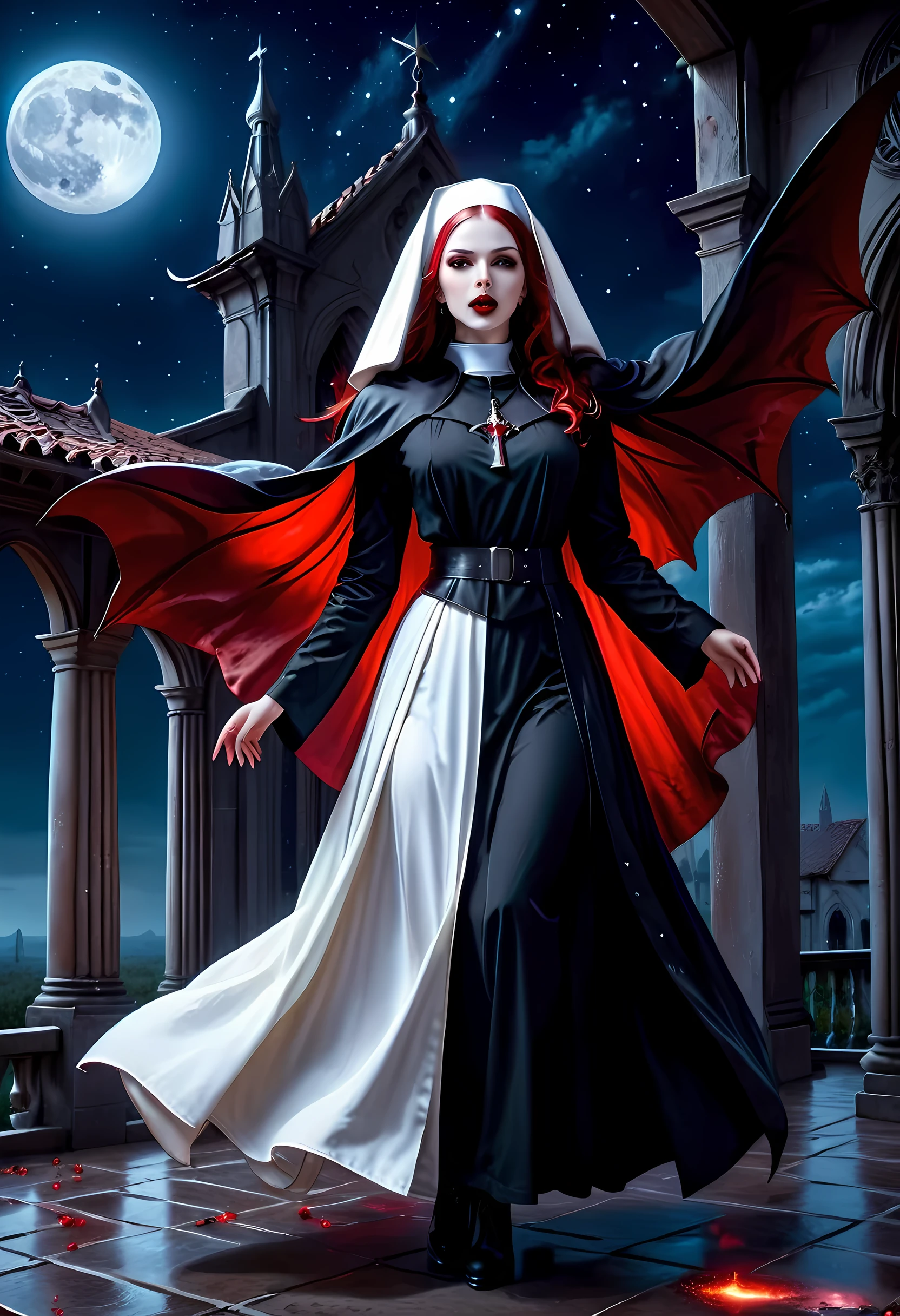 a picture of an exquisite beautiful female (nun: 1.3) vampire standing under the starry night sky on the porch of her monastary, action shot, dynamic angle (ultra detailed, Masterpiece, best quality), ultra detailed face (ultra detailed, Masterpiece, best quality), ultra feminine, (pale skin: 1.3), red hair, wavy hair, dynamic eyes color, cold eyes, glowing eyes, intense eyes, dark red lips, [fangs], wearing white nun habit (ultra detailed, Masterpiece, best quality), wearing blue cloak (ultra detailed, Masterpiece, best quality), long cloak, flowing cloak (ultra detailed, Masterpiece, best quality), wearing high heeled boots, sky full of stars background, moon, bats flying about, action shot, high details, best quality, 16k, [ultra detailed], masterpiece, best quality, (ultra detailed), full body, ultra wide shot, photorealism, dark fantasy art, dark fantasy art, gothic art, many stars, dark fantasy art, gothic art, sense of dread, bloodmagic