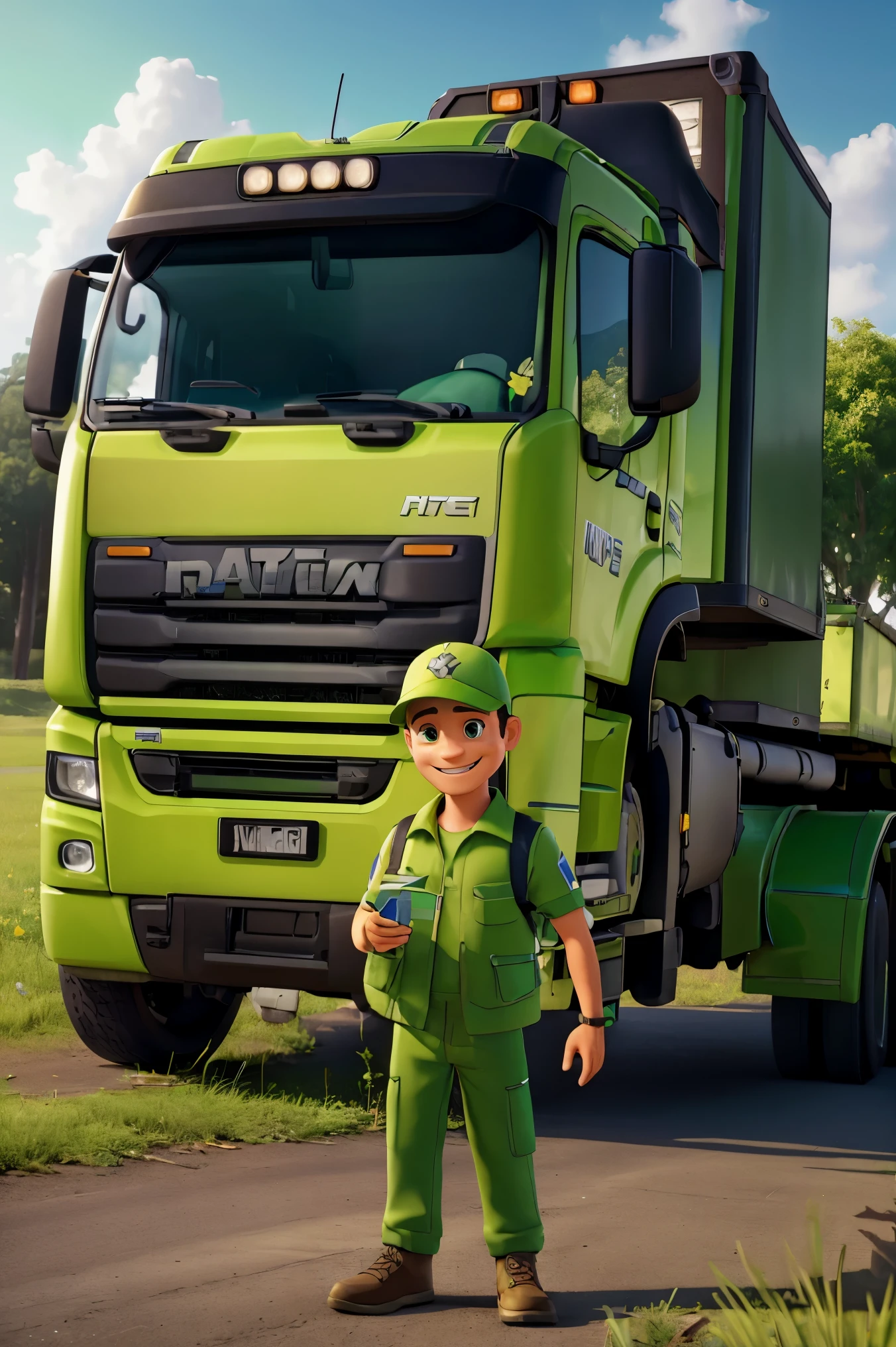 (highres,man,truck driver,vivid green clothes and cap,holding cellphone,smiling,green waste collection truck,environmental)
