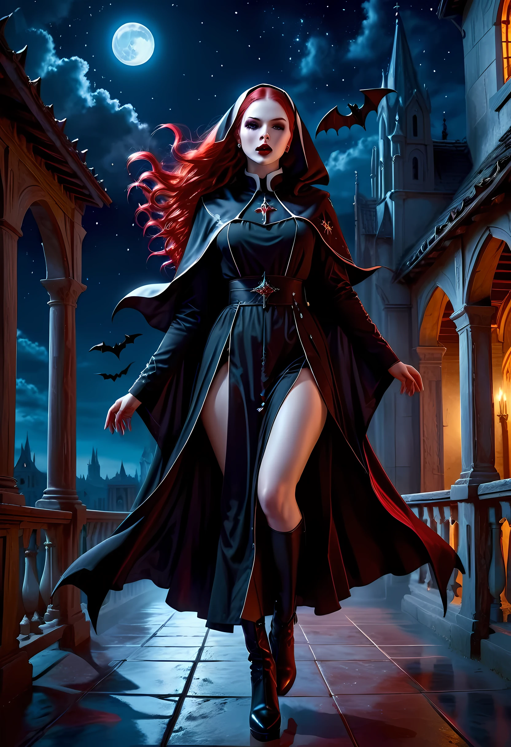 a picture of an exquisite beautiful female (nun: 1.3) vampire standing under the starry night sky on the porch of her monastary, action shot, dynamic angle (ultra detailed, Masterpiece, best quality), ultra detailed face (ultra detailed, Masterpiece, best quality), ultra feminine, (pale skin: 1.3), red hair, wavy hair, dynamic eyes color, cold eyes, glowing eyes, intense eyes, dark red lips, [fangs], wearing white nun habit (ultra detailed, Masterpiece, best quality), wearing blue cloak (ultra detailed, Masterpiece, best quality), long cloak, flowing cloak (ultra detailed, Masterpiece, best quality), wearing high heeled boots, sky full of stars background, moon, bats flying about, action shot, high details, best quality, 16k, [ultra detailed], masterpiece, best quality, (ultra detailed), full body, ultra wide shot, photorealism, dark fantasy art, dark fantasy art, gothic art, many stars, dark fantasy art, gothic art, sense of dread, bloodmagic