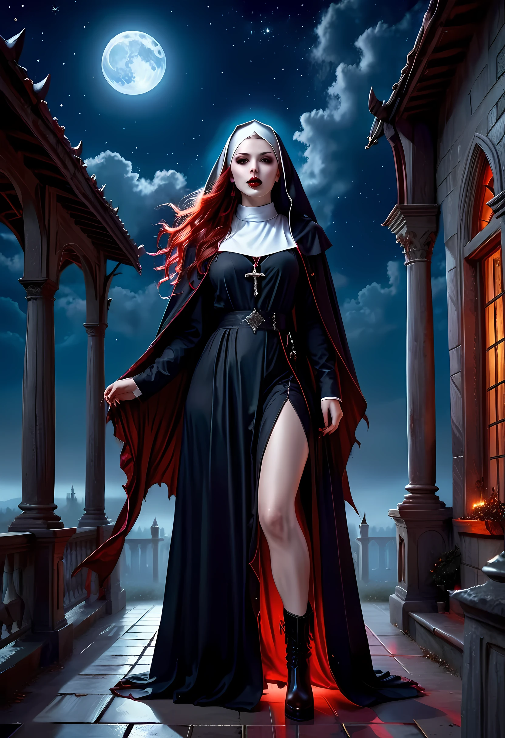 a picture of an exquisite beautiful female (nun: 1.3) vampire standing under the starry night sky on the porch of her monastary, action shot, dynamic angle (ultra detailed, Masterpiece, best quality), ultra detailed face (ultra detailed, Masterpiece, best quality), ultra feminine, (pale skin: 1.3), red hair, wavy hair, dynamic eyes color, cold eyes, glowing eyes, intense eyes, dark red lips, [fangs], wearing white nun habit (ultra detailed, Masterpiece, best quality), wearing blue cloak (ultra detailed, Masterpiece, best quality), long cloak, flowing cloak (ultra detailed, Masterpiece, best quality), wearing high heeled boots, sky full of stars background, moon, bats flying about, action shot, high details, best quality, 16k, [ultra detailed], masterpiece, best quality, (ultra detailed), full body, ultra wide shot, photorealism, dark fantasy art, dark fantasy art, gothic art, many stars, dark fantasy art, gothic art, sense of dread, bloodmagic