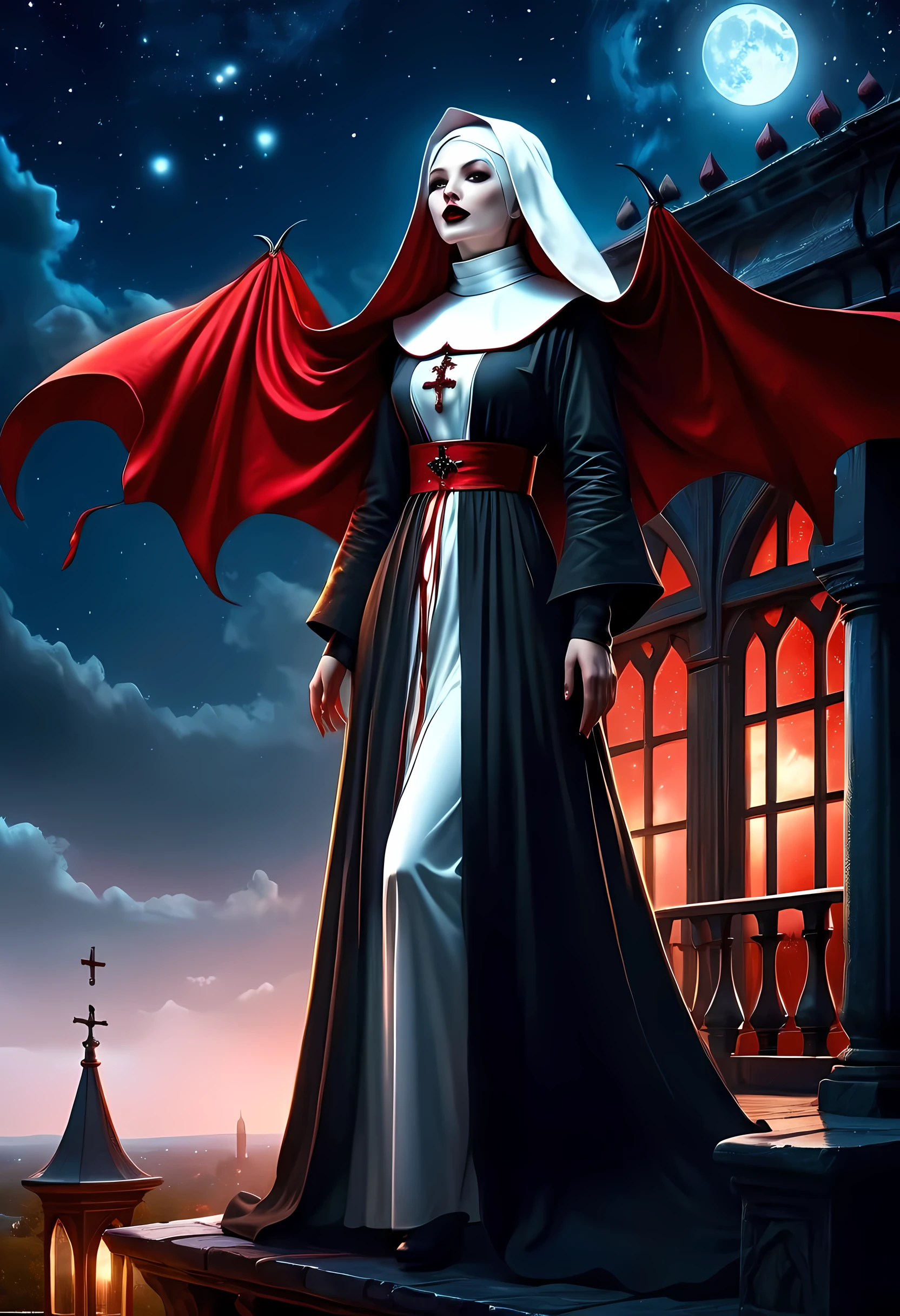 a picture of an exquisite beautiful female (nun: 1.3) vampire standing under the starry night sky on the porch of her monastary, action shot, dynamic angle (ultra detailed, Masterpiece, best quality), ultra detailed face (ultra detailed, Masterpiece, best quality), ultra feminine, (pale skin: 1.3), red hair, wavy hair, dynamic eyes color, cold eyes, glowing eyes, intense eyes, dark red lips, [fangs], wearing white nun habit (ultra detailed, Masterpiece, best quality), wearing blue cloak (ultra detailed, Masterpiece, best quality), long cloak, flowing cloak (ultra detailed, Masterpiece, best quality), wearing high heeled boots, sky full of stars background, moon, bats flying about, action shot, high details, best quality, 16k, [ultra detailed], masterpiece, best quality, (ultra detailed), full body, ultra wide shot, photorealism, dark fantasy art, dark fantasy art, gothic art, many stars, dark fantasy art, gothic art, sense of dread, bloodmagic