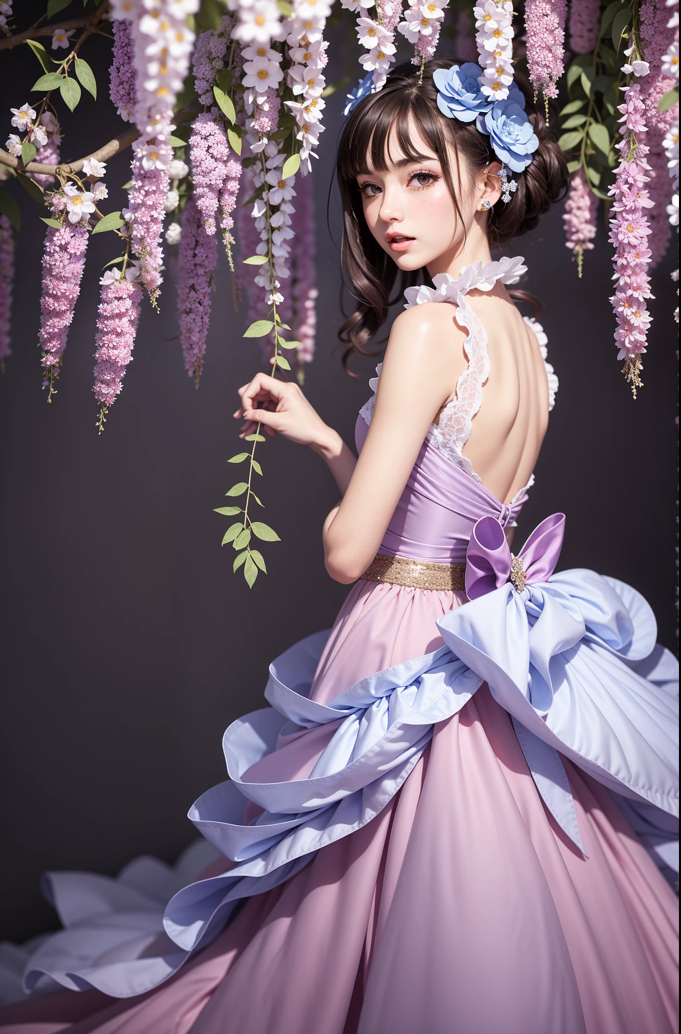 Lovely beautiful girl, European view (A European view), (((black))) beautiful thick curly hair (((brunette))) decorated with flowers, very beautiful fluffy dress, costs half a turn, looks at us with seductive eyes