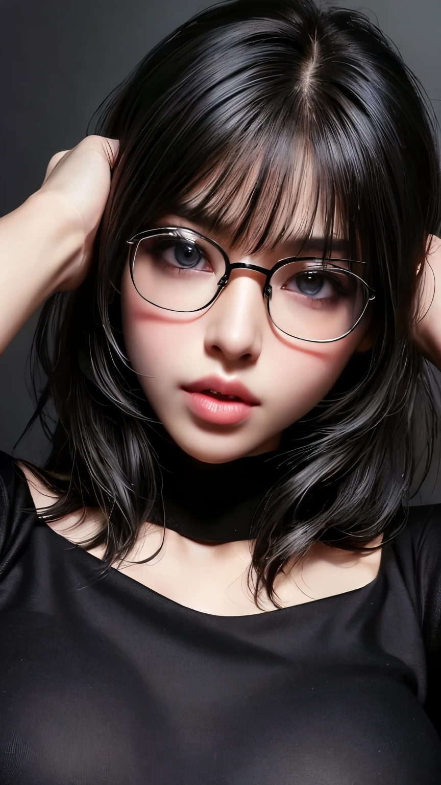 Best Quality, Masterpiece, cinematic lighting, straight Bangs, Detailed eyes, Double eyelids, sharp face, huge breast, looking at viewer, glasses, black sweater, ((Dark background)), open mouse, Sexy face, Facial expressions when receiving pleasure, Slender, Exposed cleavage,