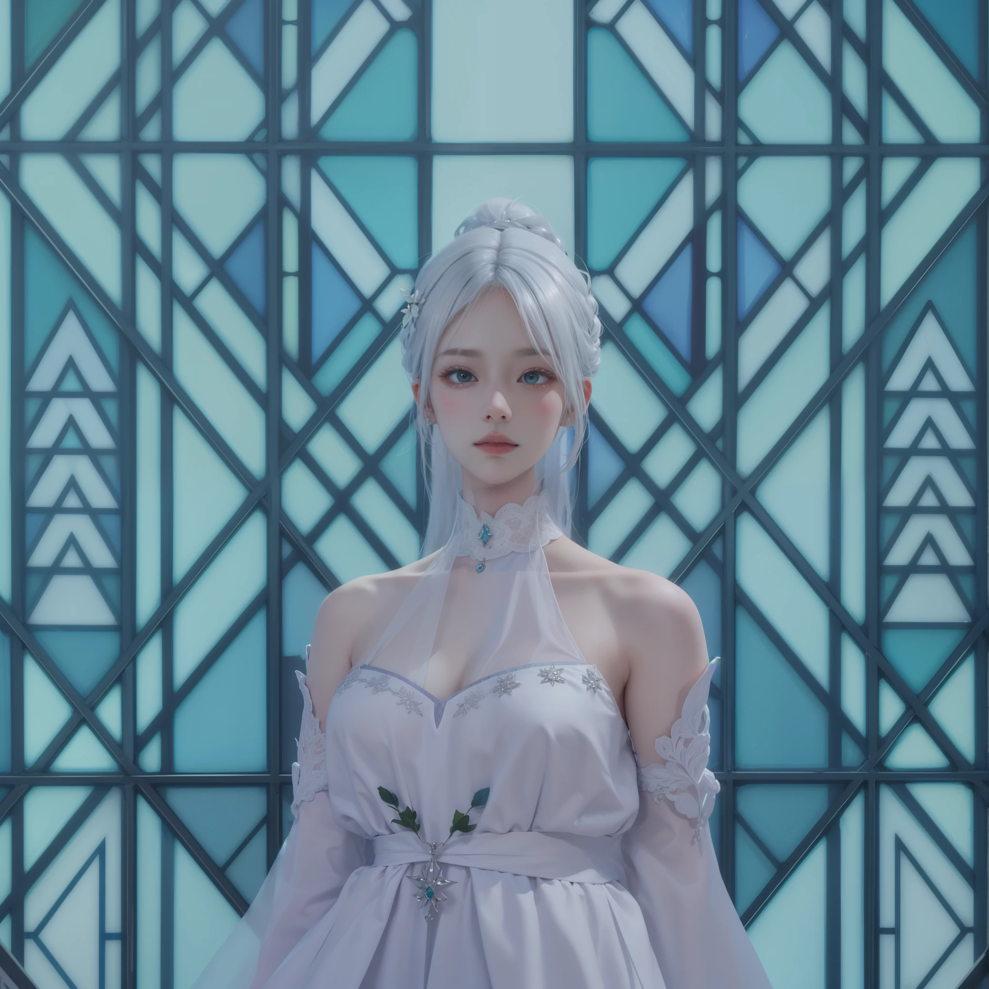 there is a woman in a robe blanche standing in front of a stained glass window, inspired by Sim Sa-jeong, dressed like a cleric, ((une belle impératrice fantastique)), white-haired deity, robe blanche!! silver hair, une belle impératrice fantastique, pale snow white skin, déesse de l'hiver, 4K HD. cheveux blancs comme neige, Peau blanche translucide