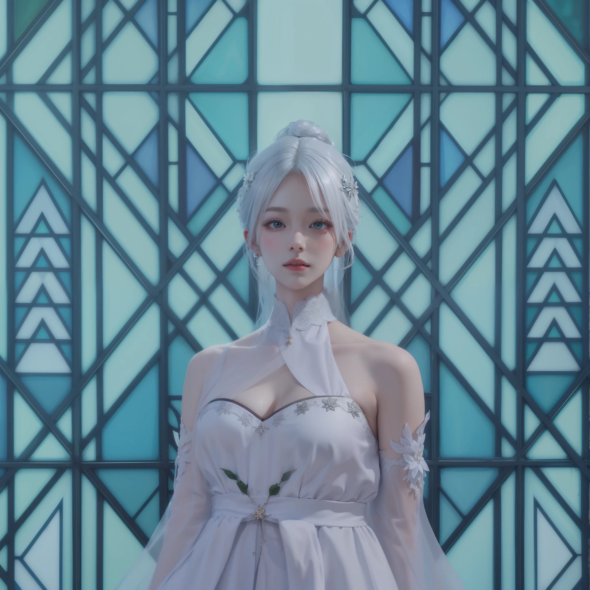 there is a woman in a robe blanche standing in front of a stained glass window, inspired by Sim Sa-jeong, dressed like a cleric, ((une belle impératrice fantastique)), white-haired deity, robe blanche!! silver hair, une belle impératrice fantastique, pale snow white skin, déesse de l'hiver, 4K HD. cheveux blancs comme neige, Peau blanche translucide