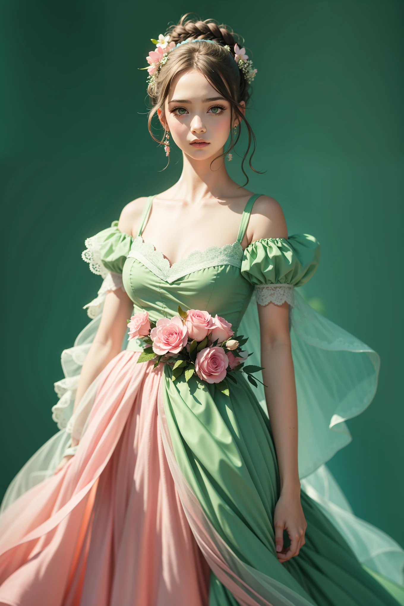 Lovely beautiful girl, European view (A European view), ((black)) beautiful thick curly hair (((brunette))) decorated with flowers, very beautiful fluffy dress (Green & Pink), ((sad expression))


